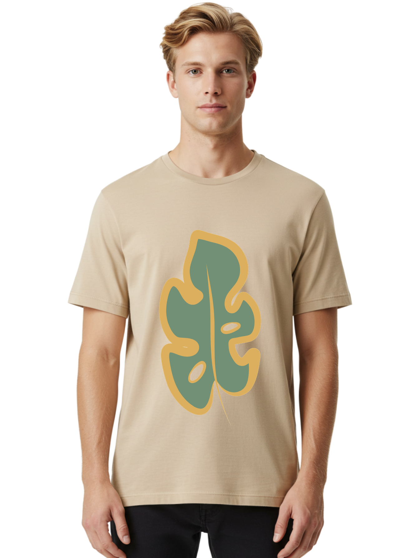 Monstera-Leaf Men'S Graphic Tee, 100% Cotton, Comfortable Casual Summer Wear, Machine Washable, Simple Leaf Illustration, Minimalist Art, Gray And Yellow Colors, Natural Shapes, Organic Design, Botanical Elements, Leaf Pattern Aae031