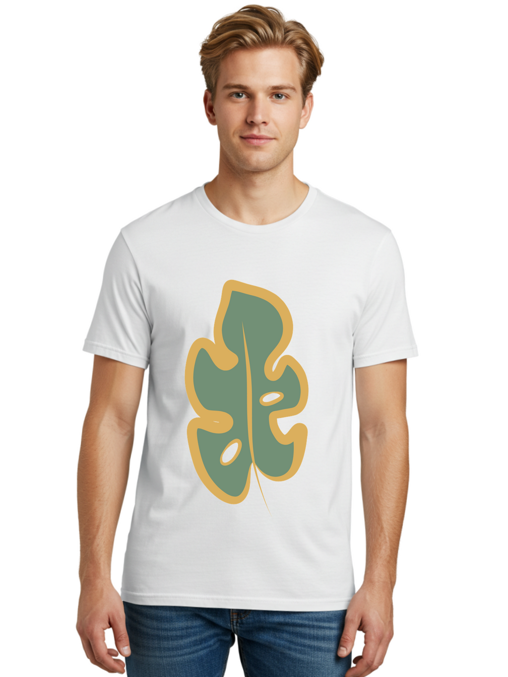 Monstera-Leaf Men'S Graphic Tee, 100% Cotton, Comfortable Casual Summer Wear, Machine Washable, Simple Leaf Illustration, Minimalist Art, Gray And Yellow Colors, Natural Shapes, Organic Design, Botanical Elements, Leaf Pattern Aae031