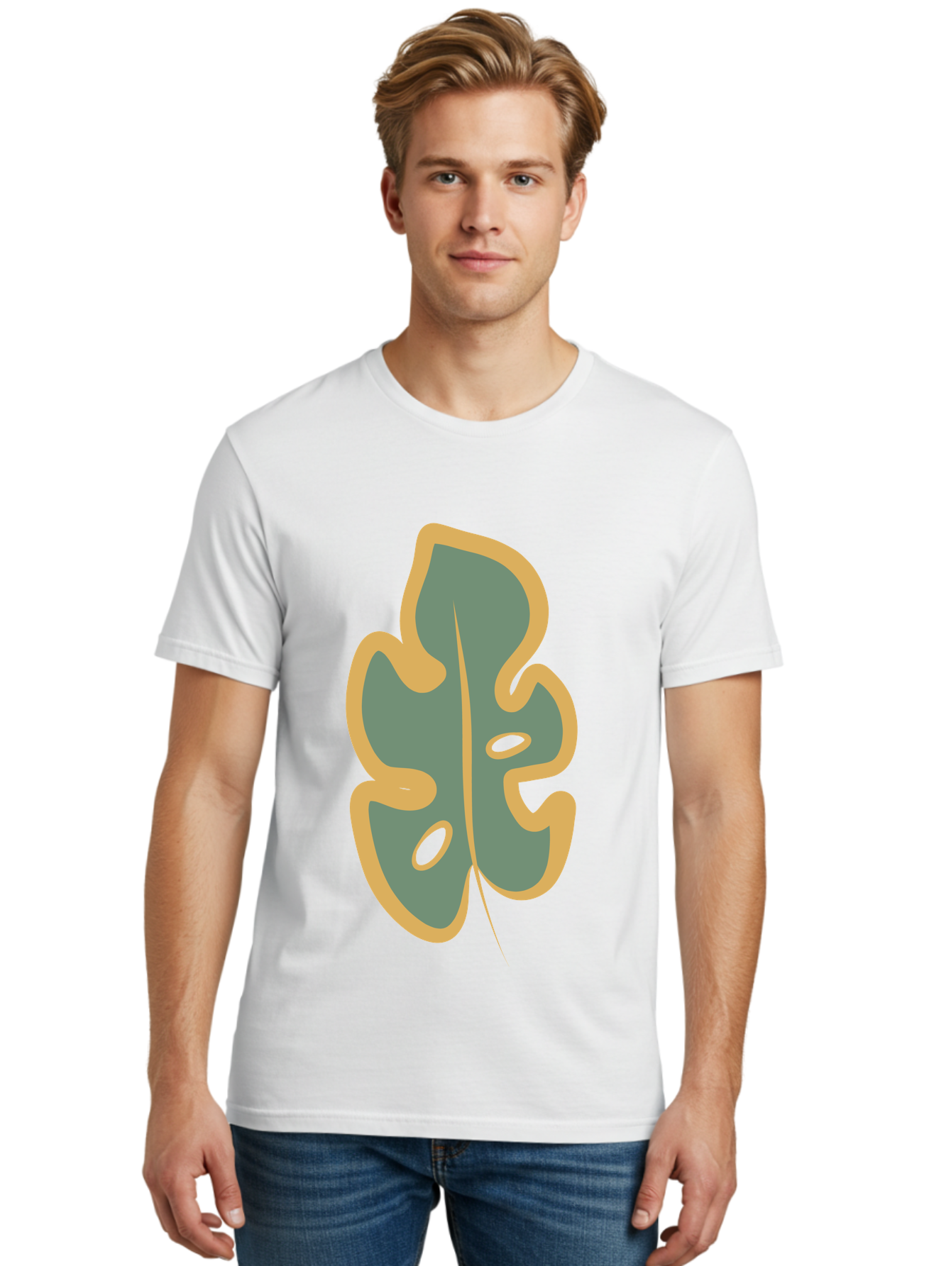 Monstera-Leaf Men'S Graphic Tee, 100% Cotton, Comfortable Casual Summer Wear, Machine Washable, Simple Leaf Illustration, Minimalist Art, Gray And Yellow Colors, Natural Shapes, Organic Design, Botanical Elements, Leaf Pattern Aae031