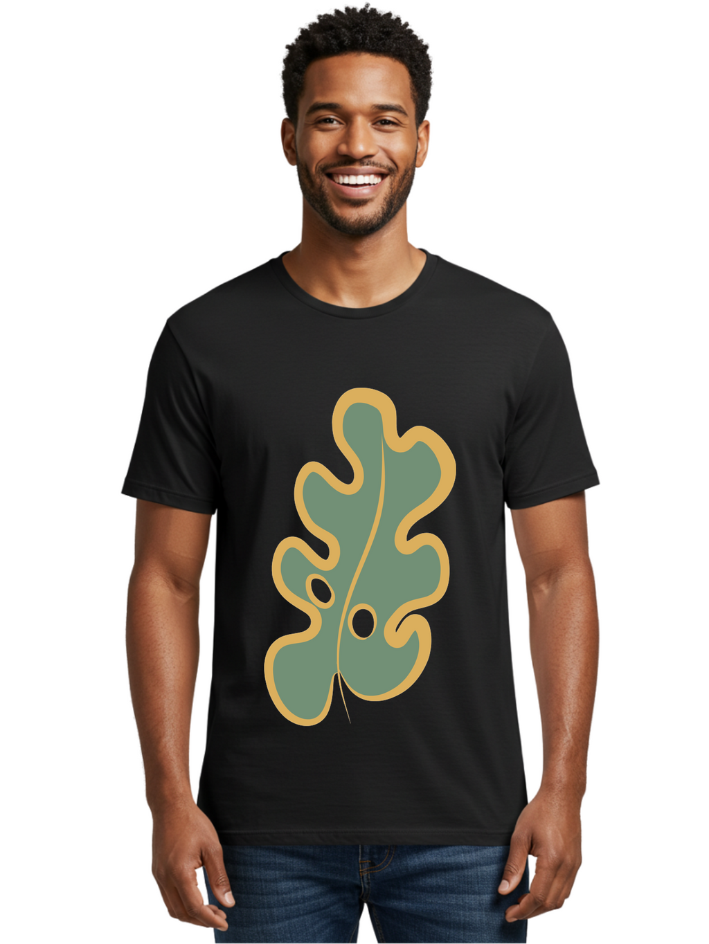 Oak-Leaf-1 Men'S Graphic Tee, 100% Cotton, Comfortable Casual Summer Wear, Machine Washable, Oak Leaf, Leaf Silhouette, Foliage Icon, Nature Symbol, Muted Green, Yellow Outline, Simple Graphic, Natural Design Aae033