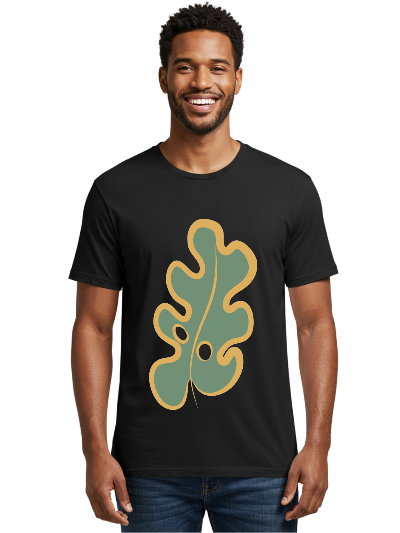 Oak-Leaf-1 Men'S Graphic Tee, 100% Cotton, Comfortable Casual Summer Wear, Machine Washable, Oak Leaf, Leaf Silhouette, Foliage Icon, Nature Symbol, Muted Green, Yellow Outline, Simple Graphic, Natural Design Aae033