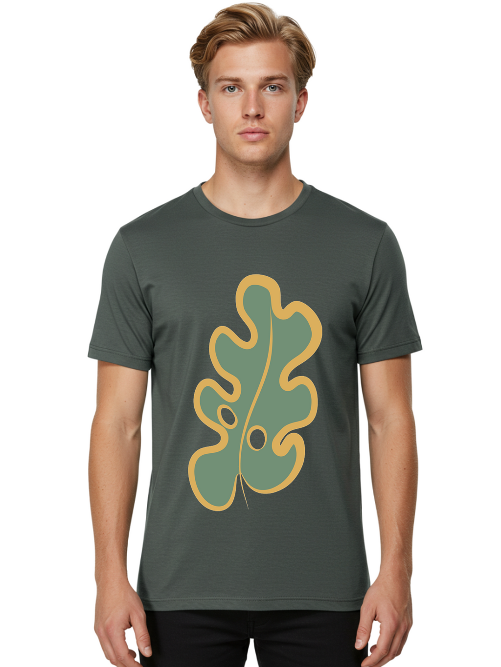 Oak-Leaf-1 Men'S Graphic Tee, 100% Cotton, Comfortable Casual Summer Wear, Machine Washable, Oak Leaf, Leaf Silhouette, Foliage Icon, Nature Symbol, Muted Green, Yellow Outline, Simple Graphic, Natural Design Aae033