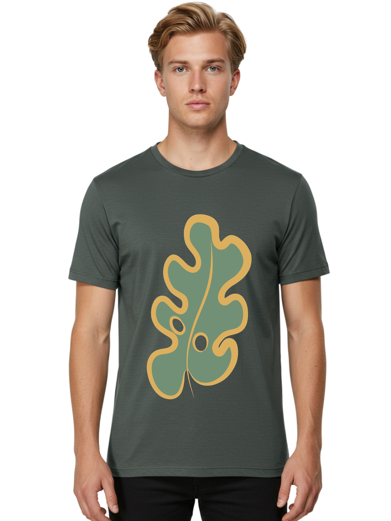 Oak-Leaf-1 Men'S Graphic Tee, 100% Cotton, Comfortable Casual Summer Wear, Machine Washable, Oak Leaf, Leaf Silhouette, Foliage Icon, Nature Symbol, Muted Green, Yellow Outline, Simple Graphic, Natural Design Aae033