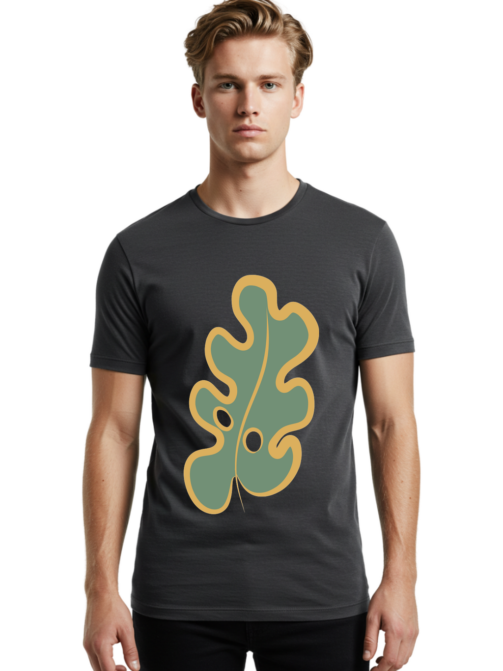 Oak-Leaf-1 Men'S Graphic Tee, 100% Cotton, Comfortable Casual Summer Wear, Machine Washable, Oak Leaf, Leaf Silhouette, Foliage Icon, Nature Symbol, Muted Green, Yellow Outline, Simple Graphic, Natural Design Aae033