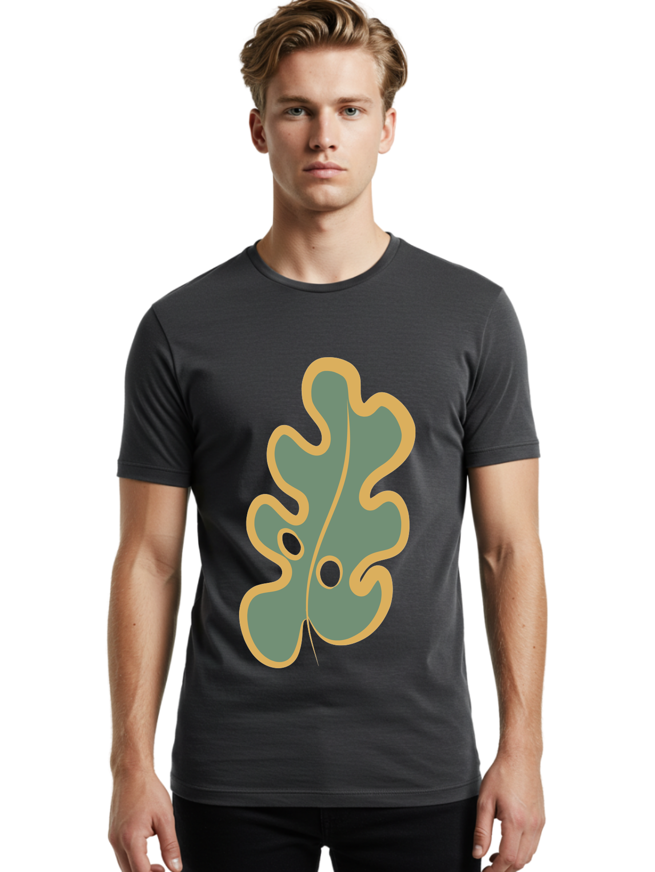 Oak-Leaf-1 Men'S Graphic Tee, 100% Cotton, Comfortable Casual Summer Wear, Machine Washable, Oak Leaf, Leaf Silhouette, Foliage Icon, Nature Symbol, Muted Green, Yellow Outline, Simple Graphic, Natural Design Aae033