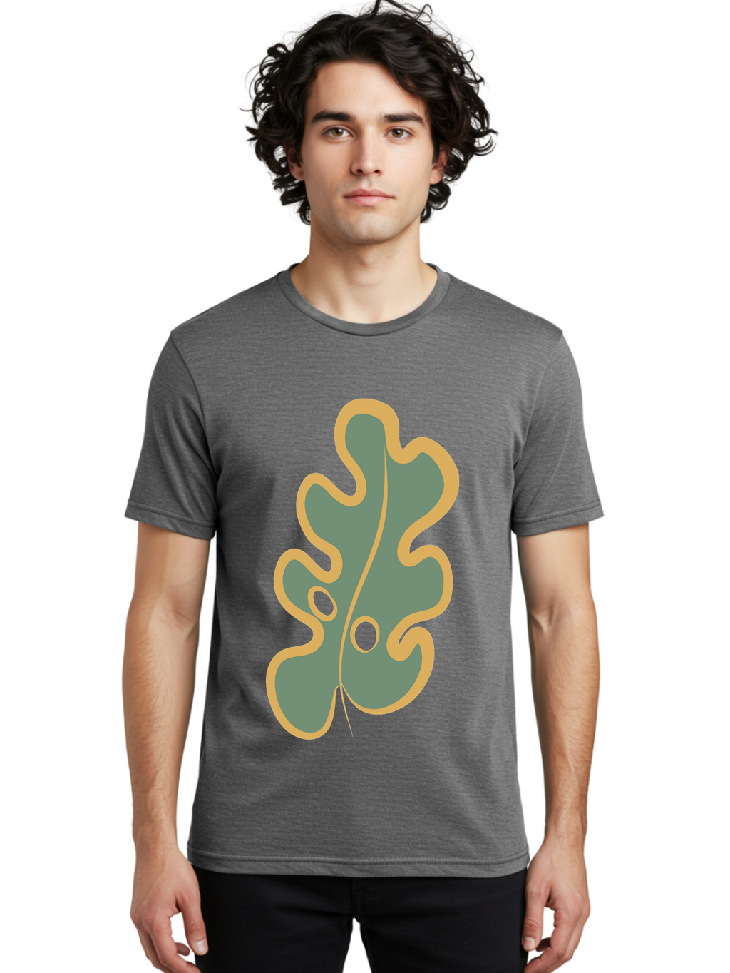 Oak-Leaf-1 Men'S Graphic Tee, 100% Cotton, Comfortable Casual Summer Wear, Machine Washable, Oak Leaf, Leaf Silhouette, Foliage Icon, Nature Symbol, Muted Green, Yellow Outline, Simple Graphic, Natural Design Aae033