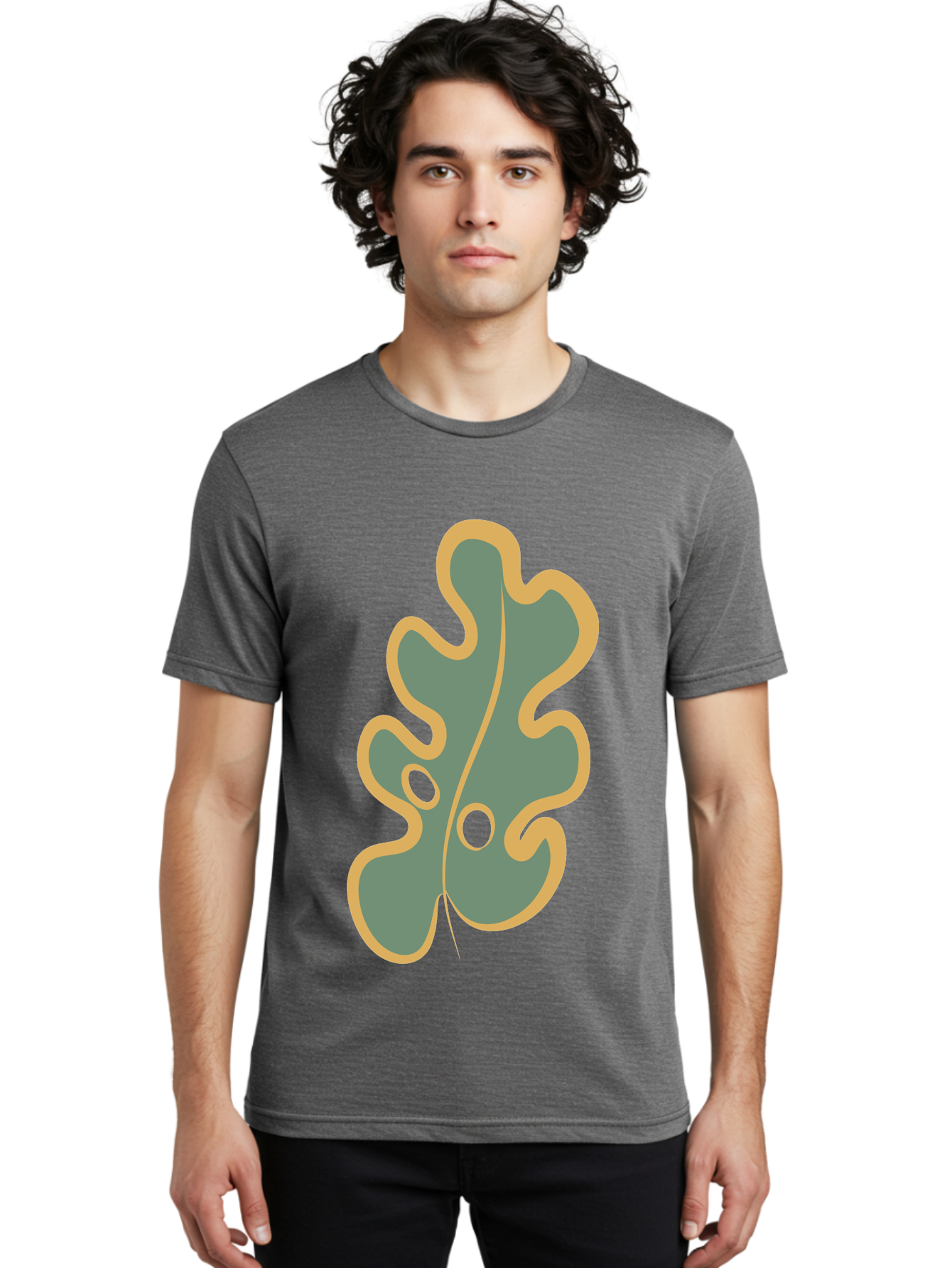 Oak-Leaf-1 Men'S Graphic Tee, 100% Cotton, Comfortable Casual Summer Wear, Machine Washable, Oak Leaf, Leaf Silhouette, Foliage Icon, Nature Symbol, Muted Green, Yellow Outline, Simple Graphic, Natural Design Aae033