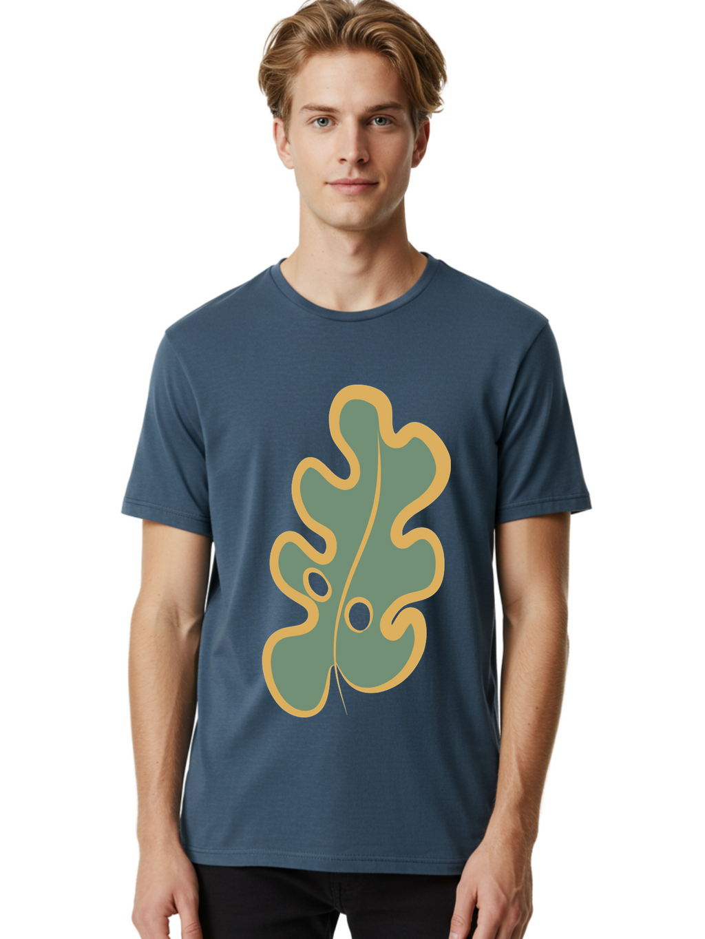 Oak-Leaf-1 Men'S Graphic Tee, 100% Cotton, Comfortable Casual Summer Wear, Machine Washable, Oak Leaf, Leaf Silhouette, Foliage Icon, Nature Symbol, Muted Green, Yellow Outline, Simple Graphic, Natural Design Aae033