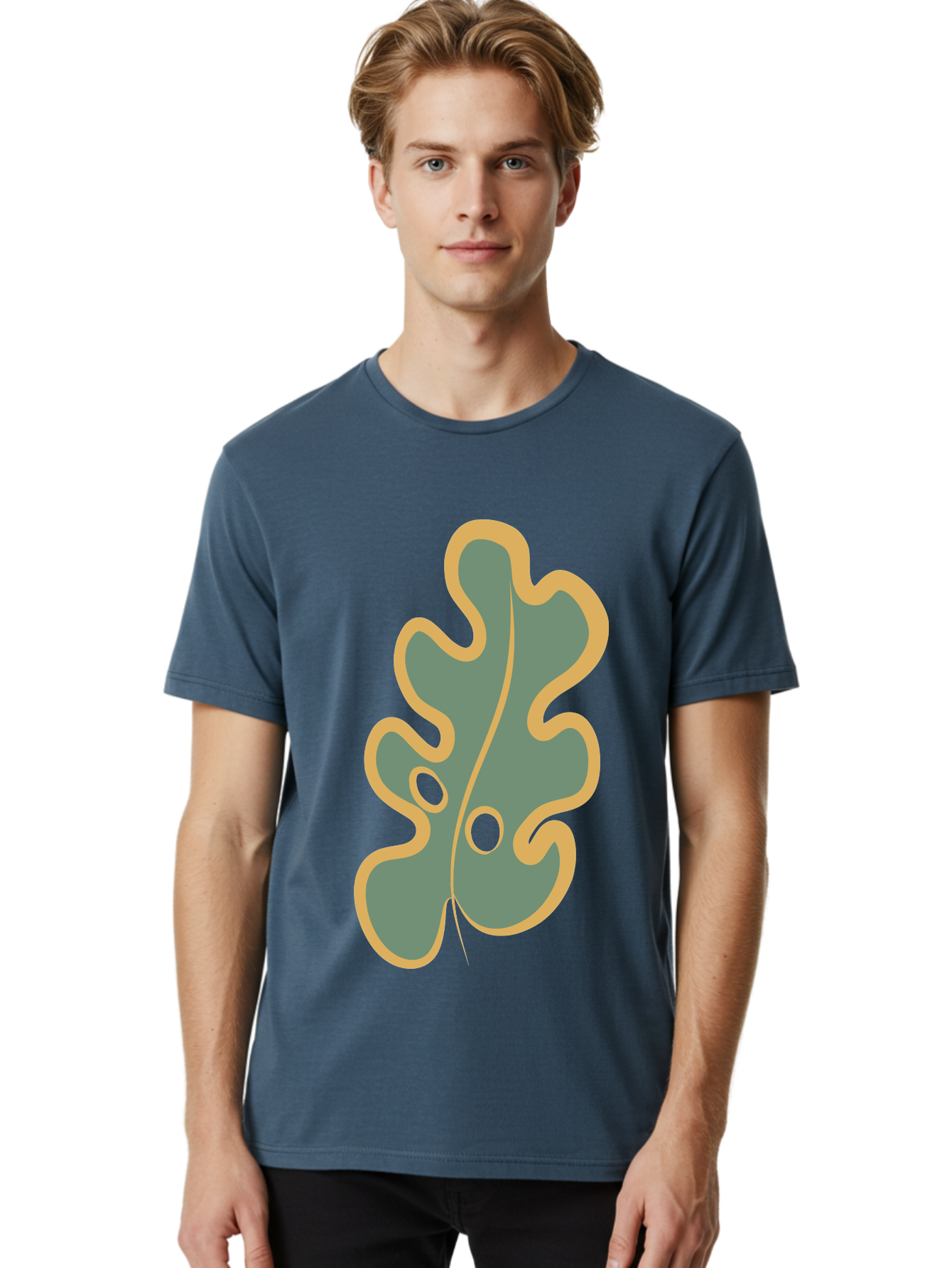 Oak-Leaf-1 Men'S Graphic Tee, 100% Cotton, Comfortable Casual Summer Wear, Machine Washable, Oak Leaf, Leaf Silhouette, Foliage Icon, Nature Symbol, Muted Green, Yellow Outline, Simple Graphic, Natural Design Aae033