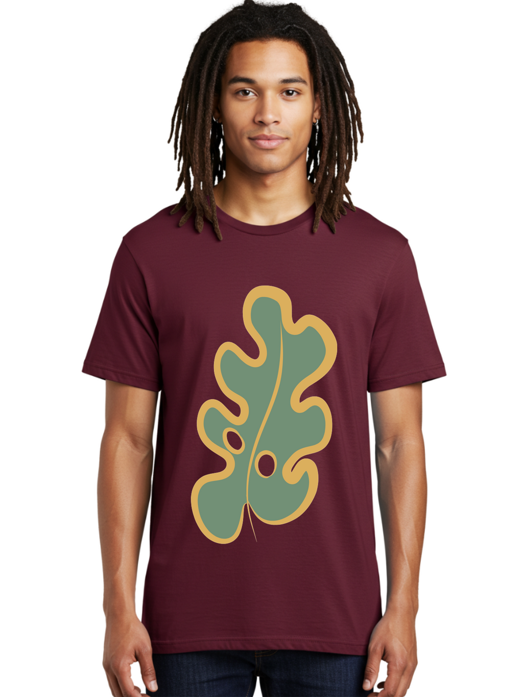 Oak-Leaf-1 Men'S Graphic Tee, 100% Cotton, Comfortable Casual Summer Wear, Machine Washable, Oak Leaf, Leaf Silhouette, Foliage Icon, Nature Symbol, Muted Green, Yellow Outline, Simple Graphic, Natural Design Aae033