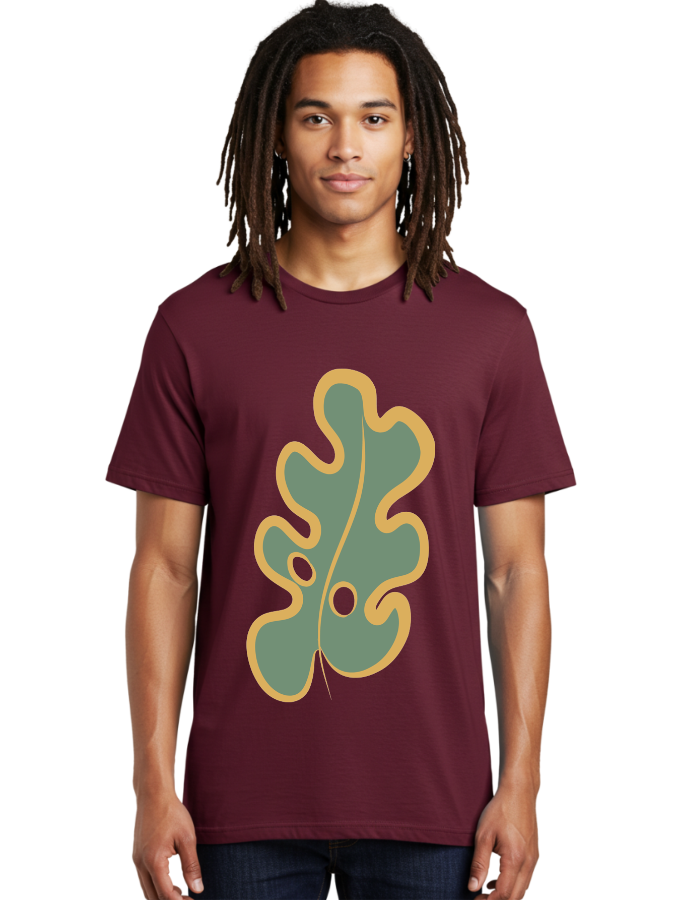 Oak-Leaf-1 Men'S Graphic Tee, 100% Cotton, Comfortable Casual Summer Wear, Machine Washable, Oak Leaf, Leaf Silhouette, Foliage Icon, Nature Symbol, Muted Green, Yellow Outline, Simple Graphic, Natural Design Aae033