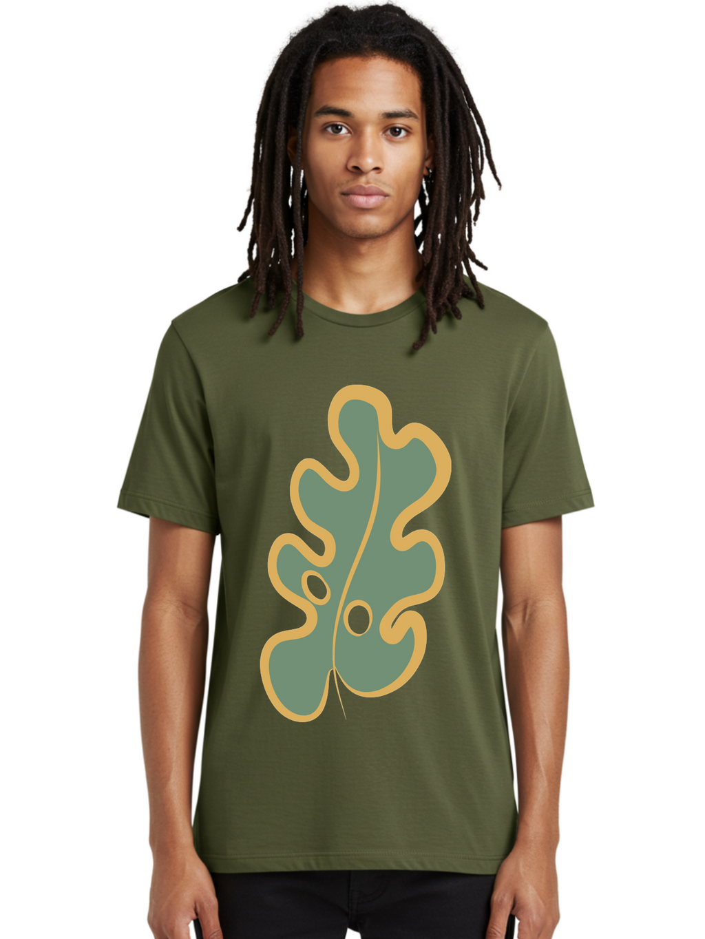 Oak-Leaf-1 Men'S Graphic Tee, 100% Cotton, Comfortable Casual Summer Wear, Machine Washable, Oak Leaf, Leaf Silhouette, Foliage Icon, Nature Symbol, Muted Green, Yellow Outline, Simple Graphic, Natural Design Aae033