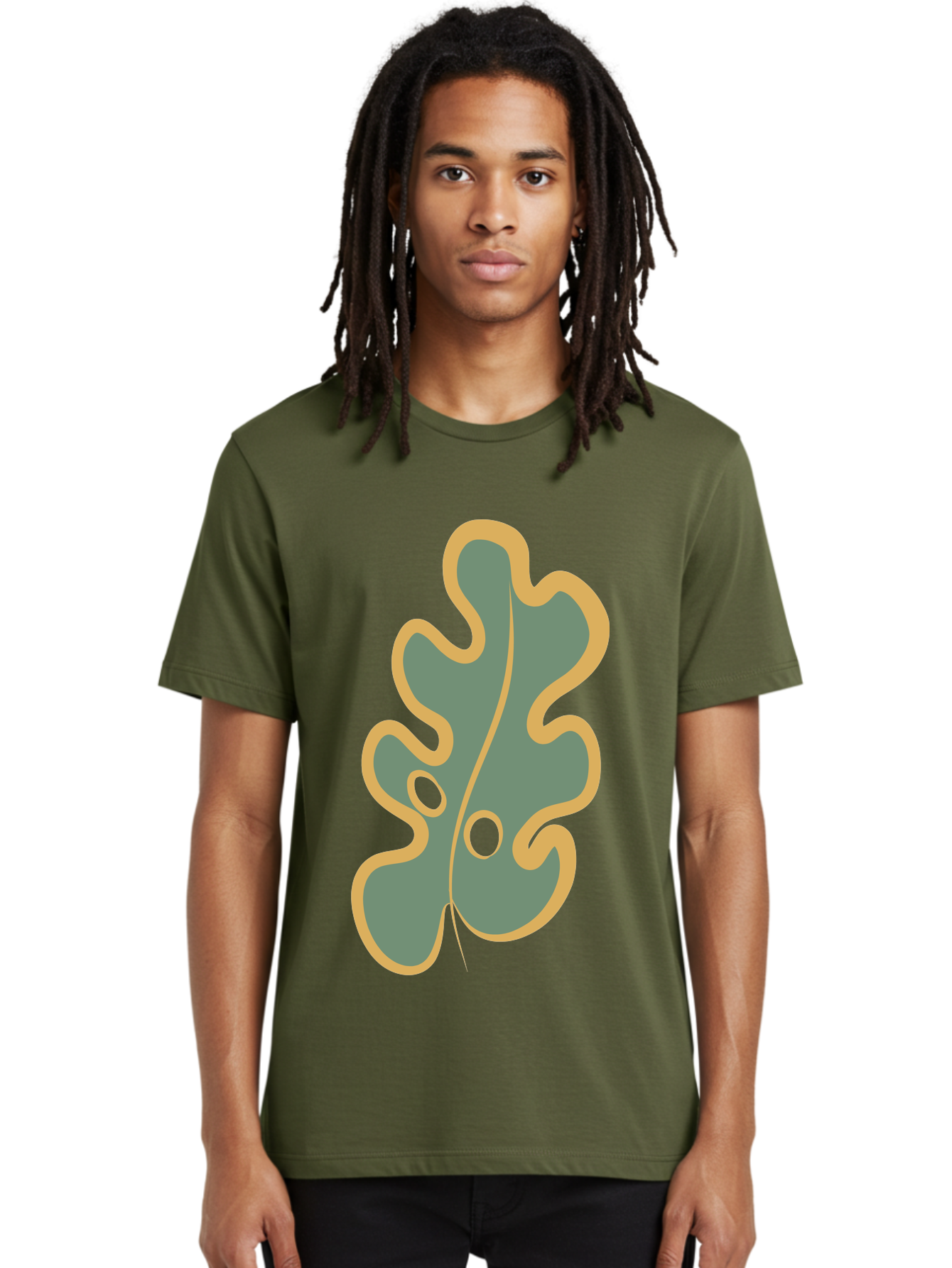 Oak-Leaf-1 Men'S Graphic Tee, 100% Cotton, Comfortable Casual Summer Wear, Machine Washable, Oak Leaf, Leaf Silhouette, Foliage Icon, Nature Symbol, Muted Green, Yellow Outline, Simple Graphic, Natural Design Aae033