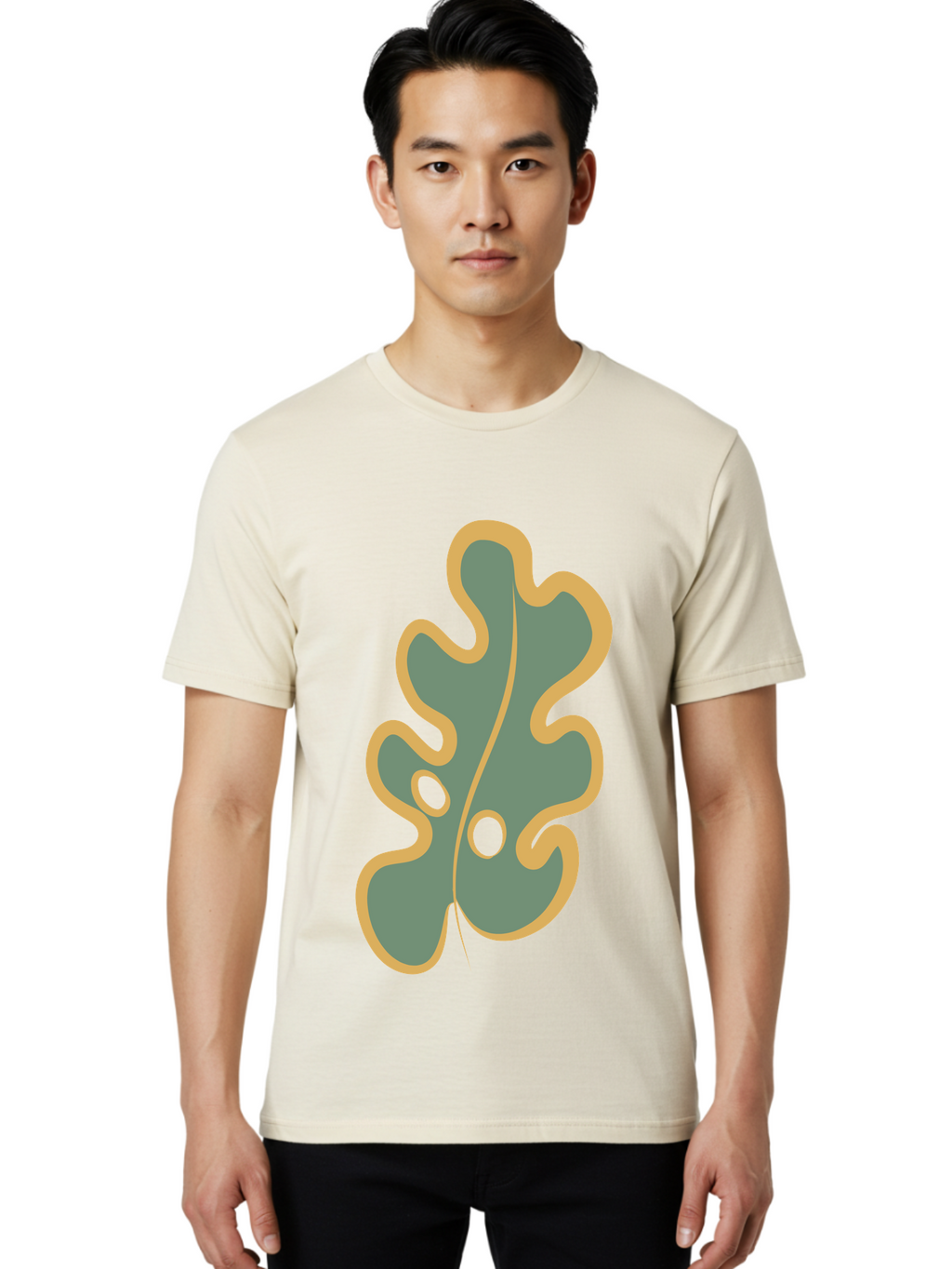 Oak-Leaf-1 Men'S Graphic Tee, 100% Cotton, Comfortable Casual Summer Wear, Machine Washable, Oak Leaf, Leaf Silhouette, Foliage Icon, Nature Symbol, Muted Green, Yellow Outline, Simple Graphic, Natural Design Aae033