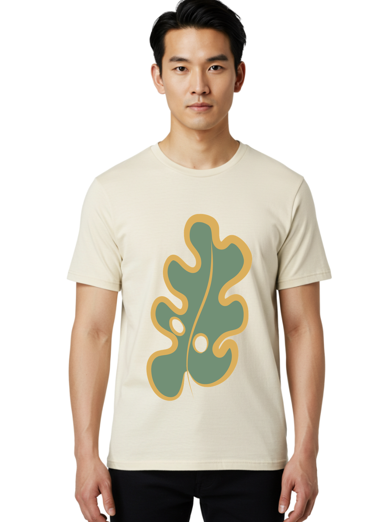 Oak-Leaf-1 Men'S Graphic Tee, 100% Cotton, Comfortable Casual Summer Wear, Machine Washable, Oak Leaf, Leaf Silhouette, Foliage Icon, Nature Symbol, Muted Green, Yellow Outline, Simple Graphic, Natural Design Aae033