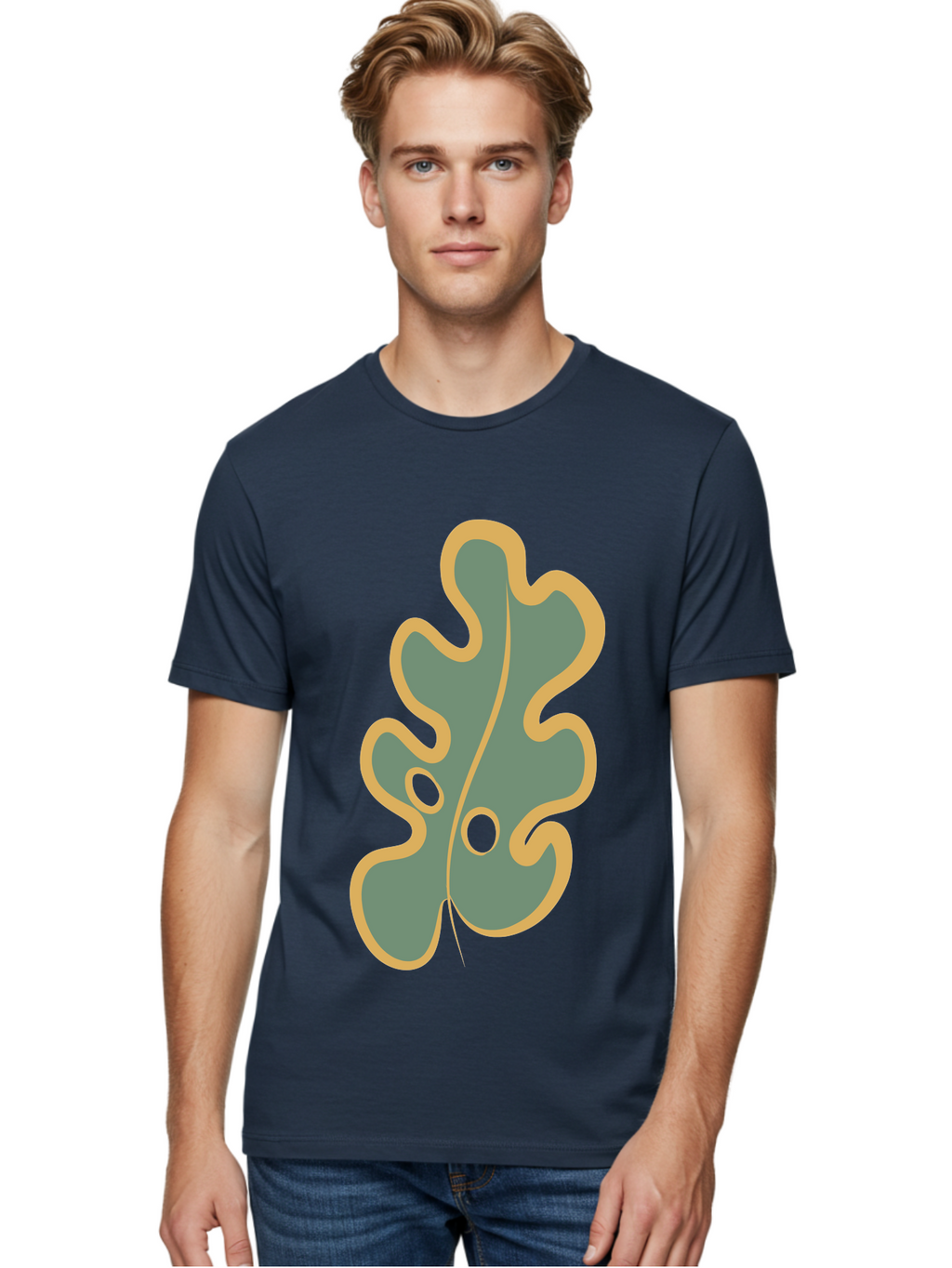 Oak-Leaf-1 Men'S Graphic Tee, 100% Cotton, Comfortable Casual Summer Wear, Machine Washable, Oak Leaf, Leaf Silhouette, Foliage Icon, Nature Symbol, Muted Green, Yellow Outline, Simple Graphic, Natural Design Aae033