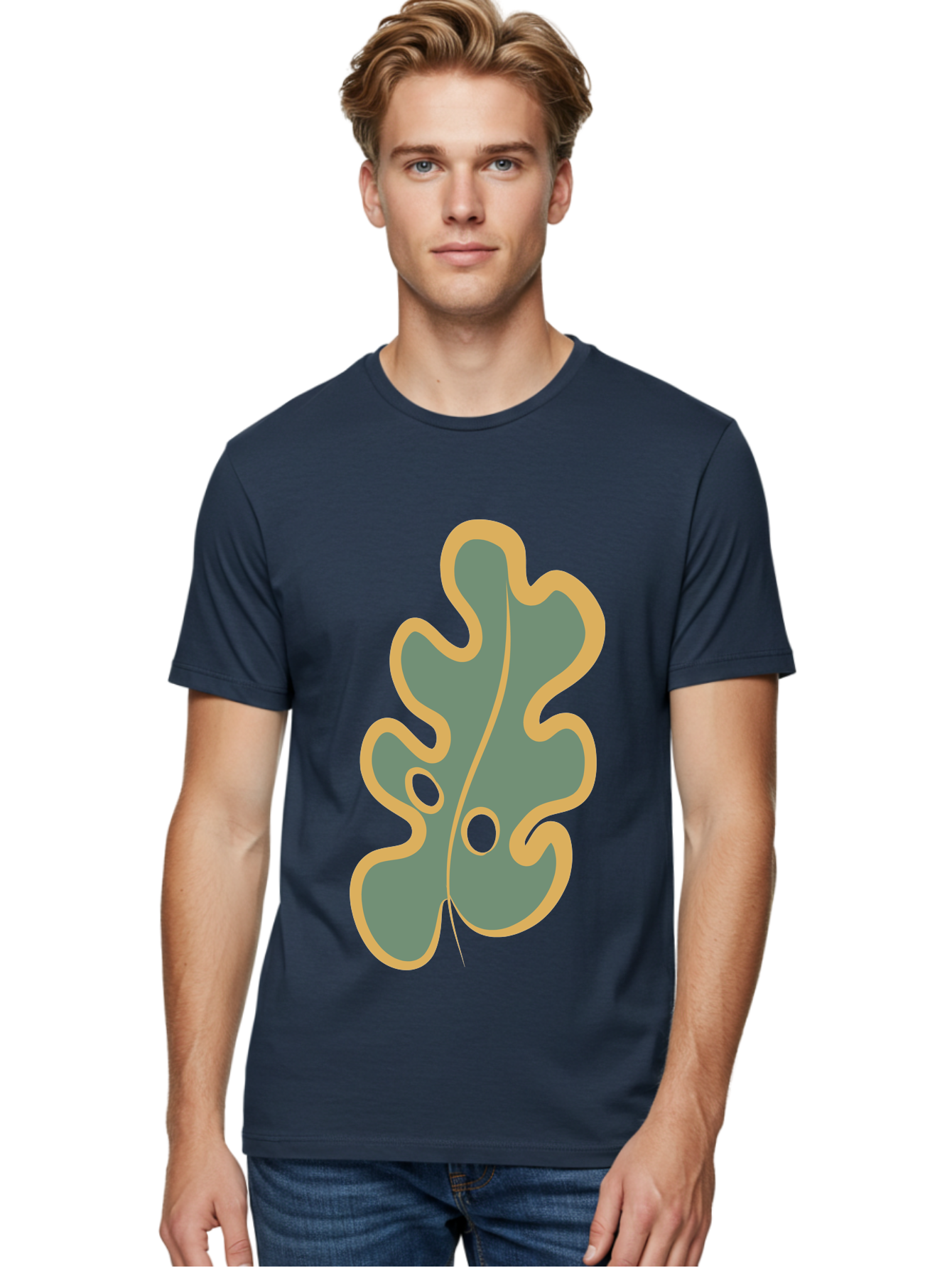 Oak-Leaf-1 Men'S Graphic Tee, 100% Cotton, Comfortable Casual Summer Wear, Machine Washable, Oak Leaf, Leaf Silhouette, Foliage Icon, Nature Symbol, Muted Green, Yellow Outline, Simple Graphic, Natural Design Aae033