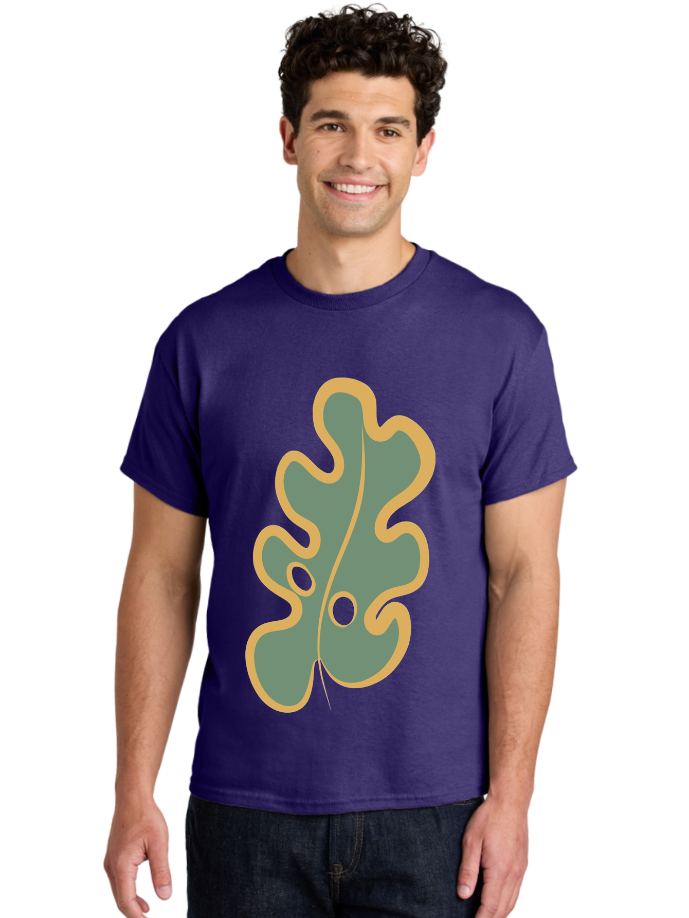 Oak-Leaf-1 Men'S Graphic Tee, 100% Cotton, Comfortable Casual Summer Wear, Machine Washable, Oak Leaf, Leaf Silhouette, Foliage Icon, Nature Symbol, Muted Green, Yellow Outline, Simple Graphic, Natural Design Aae033