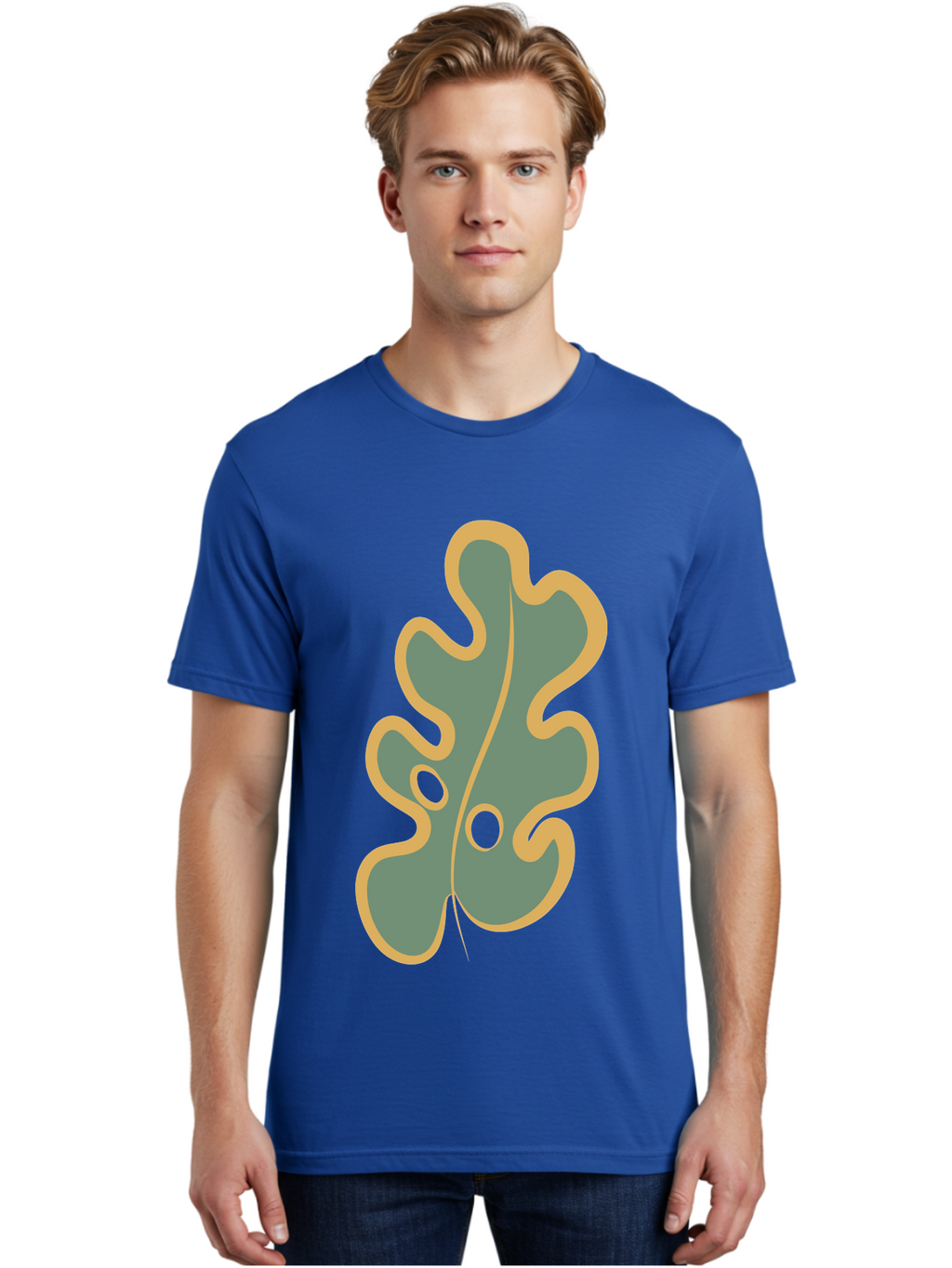 Oak-Leaf-1 Men'S Graphic Tee, 100% Cotton, Comfortable Casual Summer Wear, Machine Washable, Oak Leaf, Leaf Silhouette, Foliage Icon, Nature Symbol, Muted Green, Yellow Outline, Simple Graphic, Natural Design Aae033