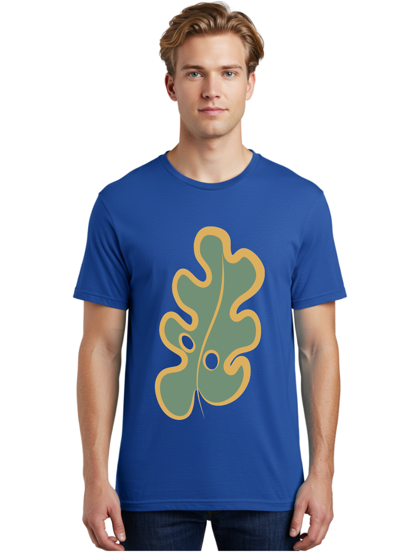 Oak-Leaf-1 Men'S Graphic Tee, 100% Cotton, Comfortable Casual Summer Wear, Machine Washable, Oak Leaf, Leaf Silhouette, Foliage Icon, Nature Symbol, Muted Green, Yellow Outline, Simple Graphic, Natural Design Aae033