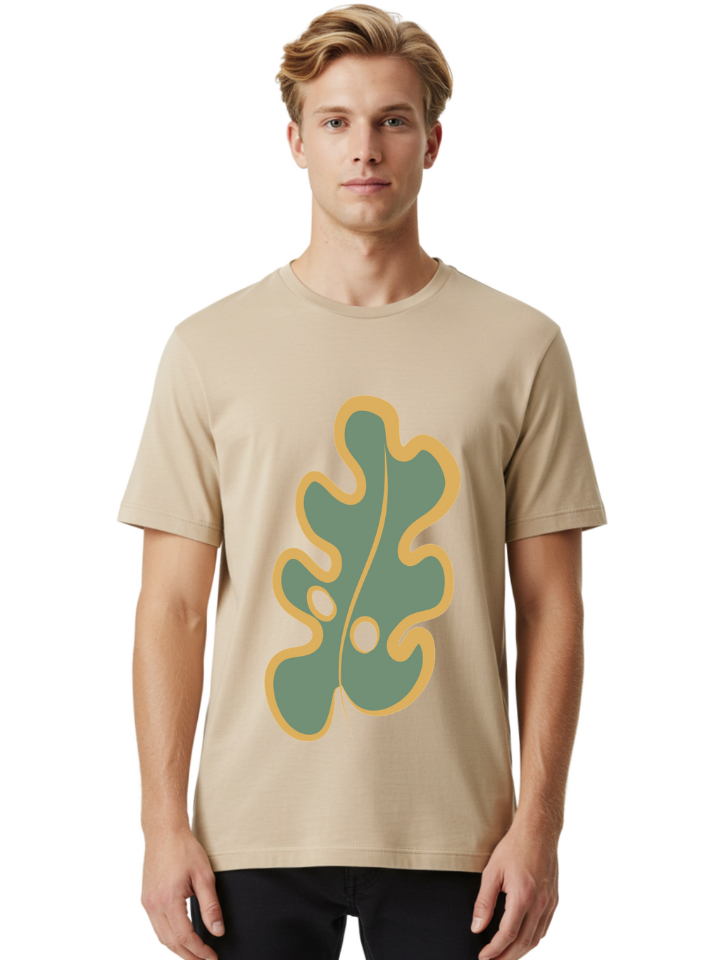 Oak-Leaf-1 Men'S Graphic Tee, 100% Cotton, Comfortable Casual Summer Wear, Machine Washable, Oak Leaf, Leaf Silhouette, Foliage Icon, Nature Symbol, Muted Green, Yellow Outline, Simple Graphic, Natural Design Aae033