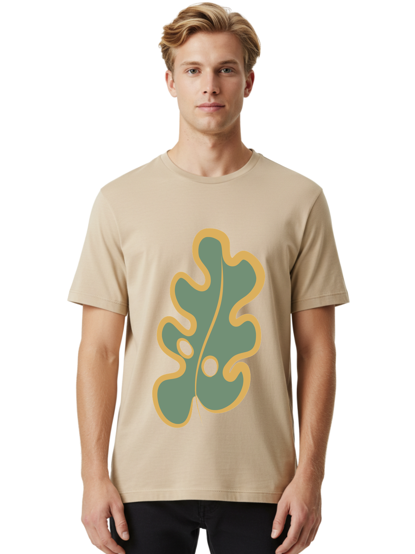 Oak-Leaf-1 Men'S Graphic Tee, 100% Cotton, Comfortable Casual Summer Wear, Machine Washable, Oak Leaf, Leaf Silhouette, Foliage Icon, Nature Symbol, Muted Green, Yellow Outline, Simple Graphic, Natural Design Aae033
