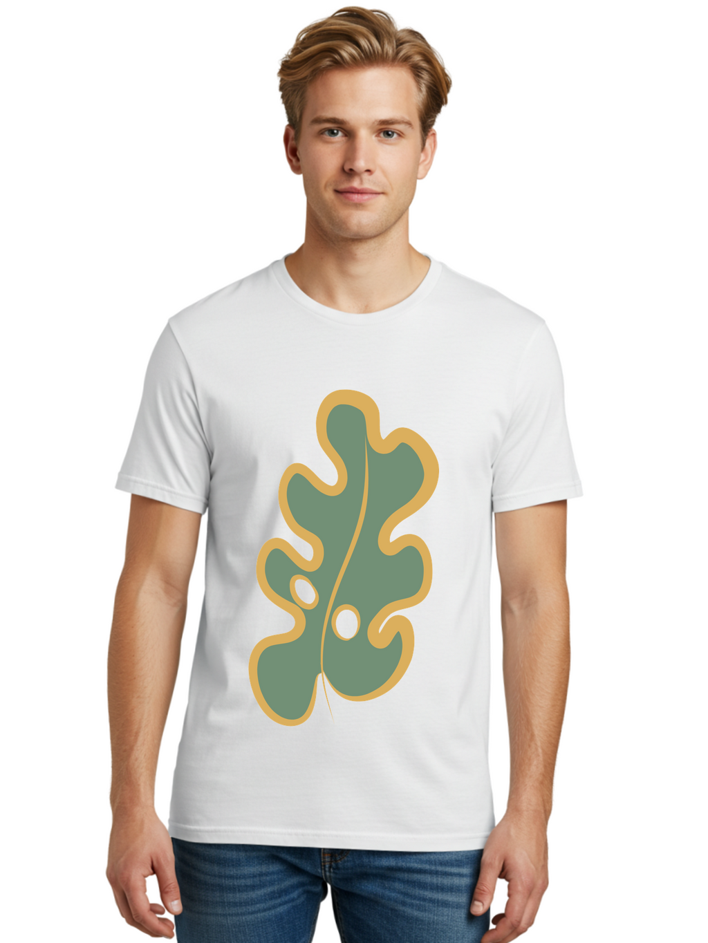 Oak-Leaf-1 Men'S Graphic Tee, 100% Cotton, Comfortable Casual Summer Wear, Machine Washable, Oak Leaf, Leaf Silhouette, Foliage Icon, Nature Symbol, Muted Green, Yellow Outline, Simple Graphic, Natural Design Aae033