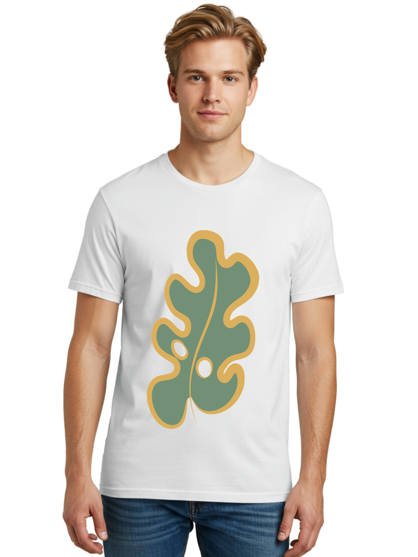 Oak-Leaf-1 Men'S Graphic Tee, 100% Cotton, Comfortable Casual Summer Wear, Machine Washable, Oak Leaf, Leaf Silhouette, Foliage Icon, Nature Symbol, Muted Green, Yellow Outline, Simple Graphic, Natural Design Aae033