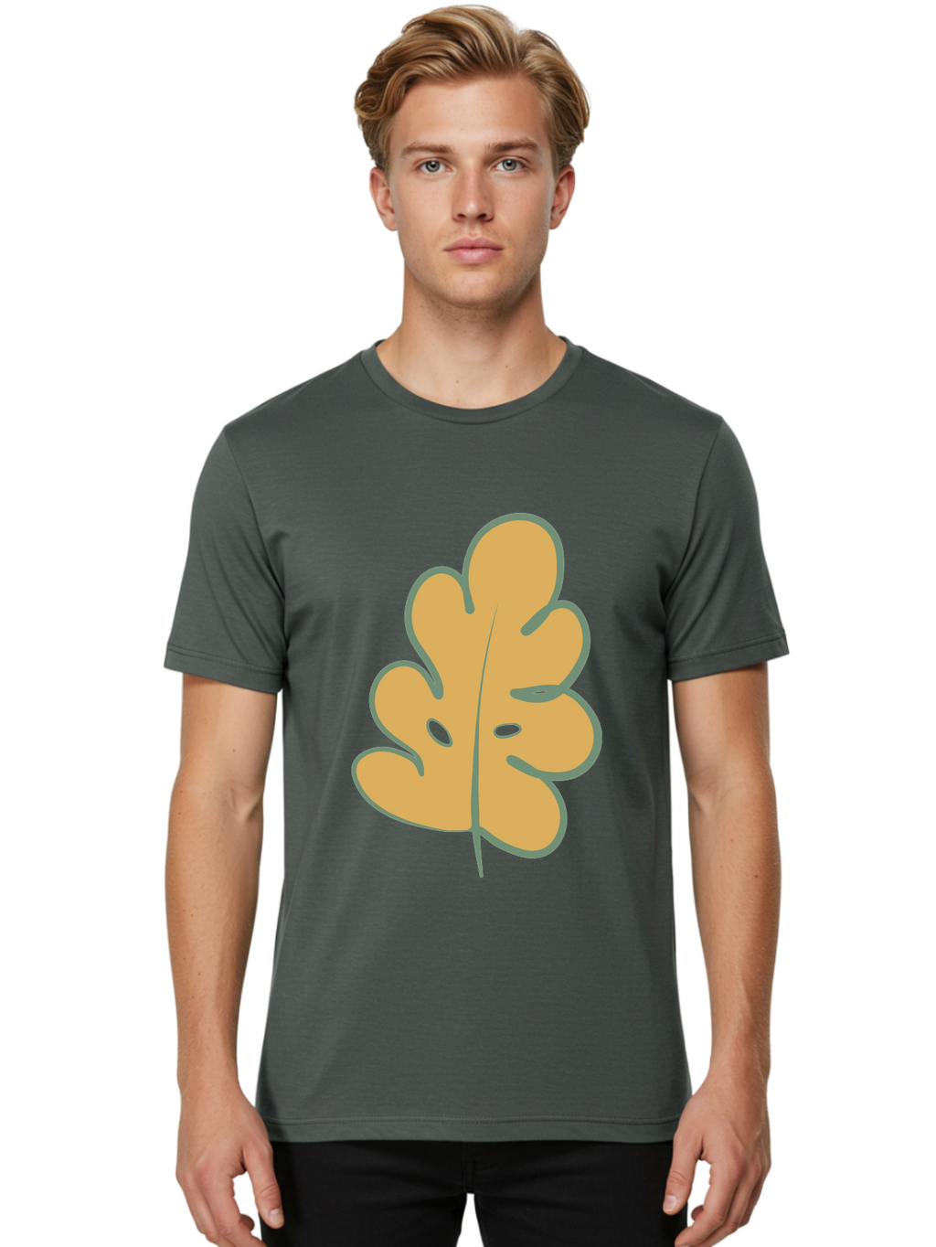 Oak-Leaf Men'S Graphic Tee, 100% Cotton, Comfortable Casual Summer Wear, Machine Washable, Oak Leaf, Cartoon Leaf, Autumn Foliage, Fall Colors, Nature Illustration, Simple Graphic, Leaf Design, Orange Leaf Aae034