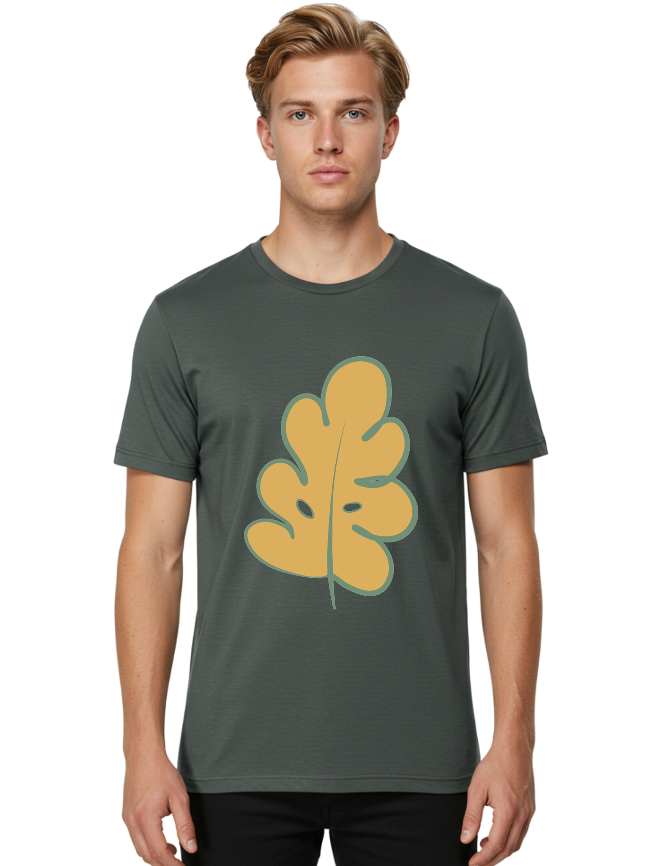 Oak-Leaf Men'S Graphic Tee, 100% Cotton, Comfortable Casual Summer Wear, Machine Washable, Oak Leaf, Cartoon Leaf, Autumn Foliage, Fall Colors, Nature Illustration, Simple Graphic, Leaf Design, Orange Leaf Aae034