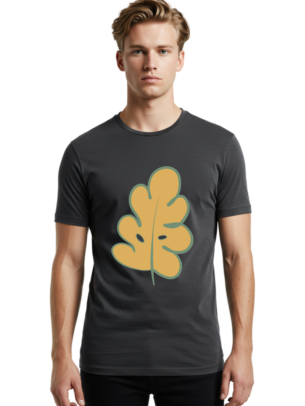 Oak-Leaf Men'S Graphic Tee, 100% Cotton, Comfortable Casual Summer Wear, Machine Washable, Oak Leaf, Cartoon Leaf, Autumn Foliage, Fall Colors, Nature Illustration, Simple Graphic, Leaf Design, Orange Leaf Aae034
