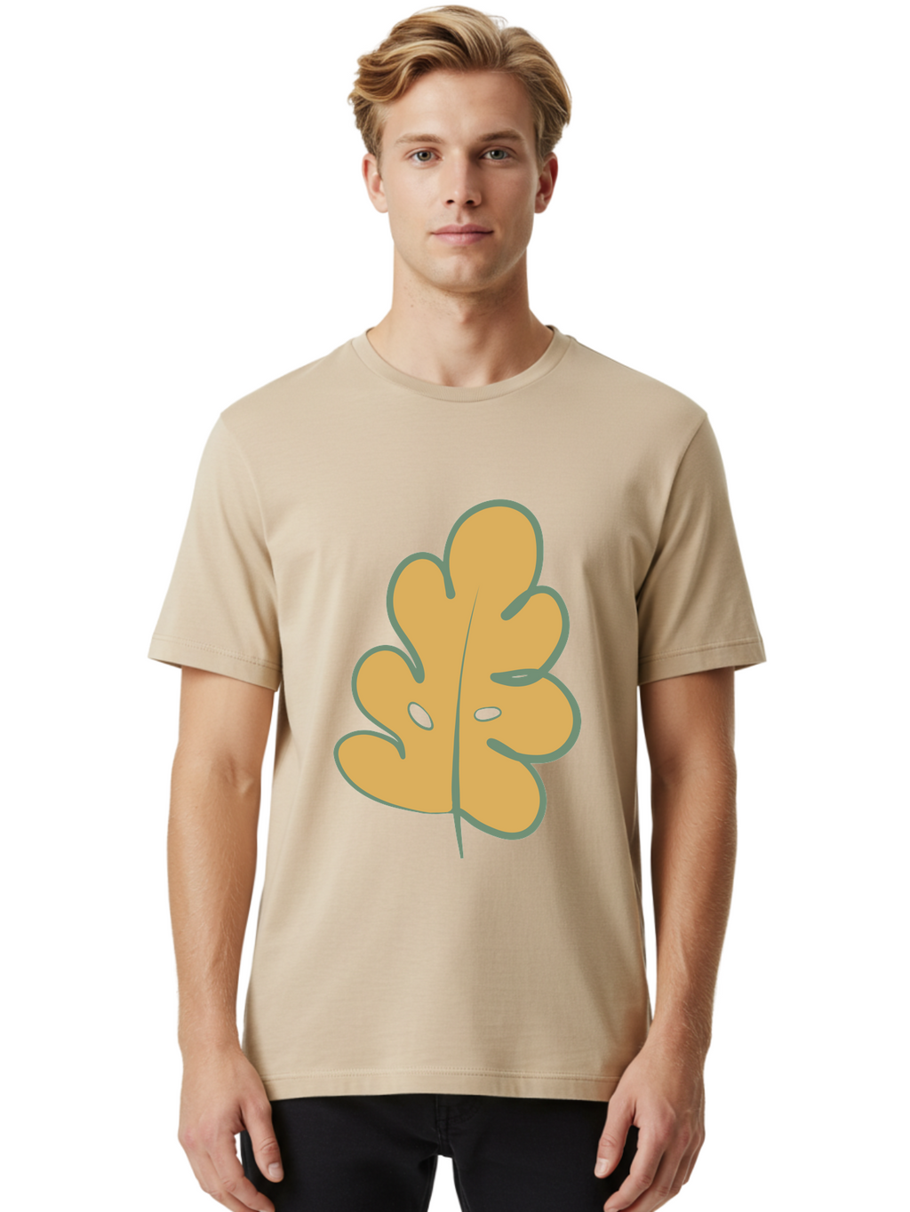 Oak-Leaf Men'S Graphic Tee, 100% Cotton, Comfortable Casual Summer Wear, Machine Washable, Oak Leaf, Cartoon Leaf, Autumn Foliage, Fall Colors, Nature Illustration, Simple Graphic, Leaf Design, Orange Leaf Aae034