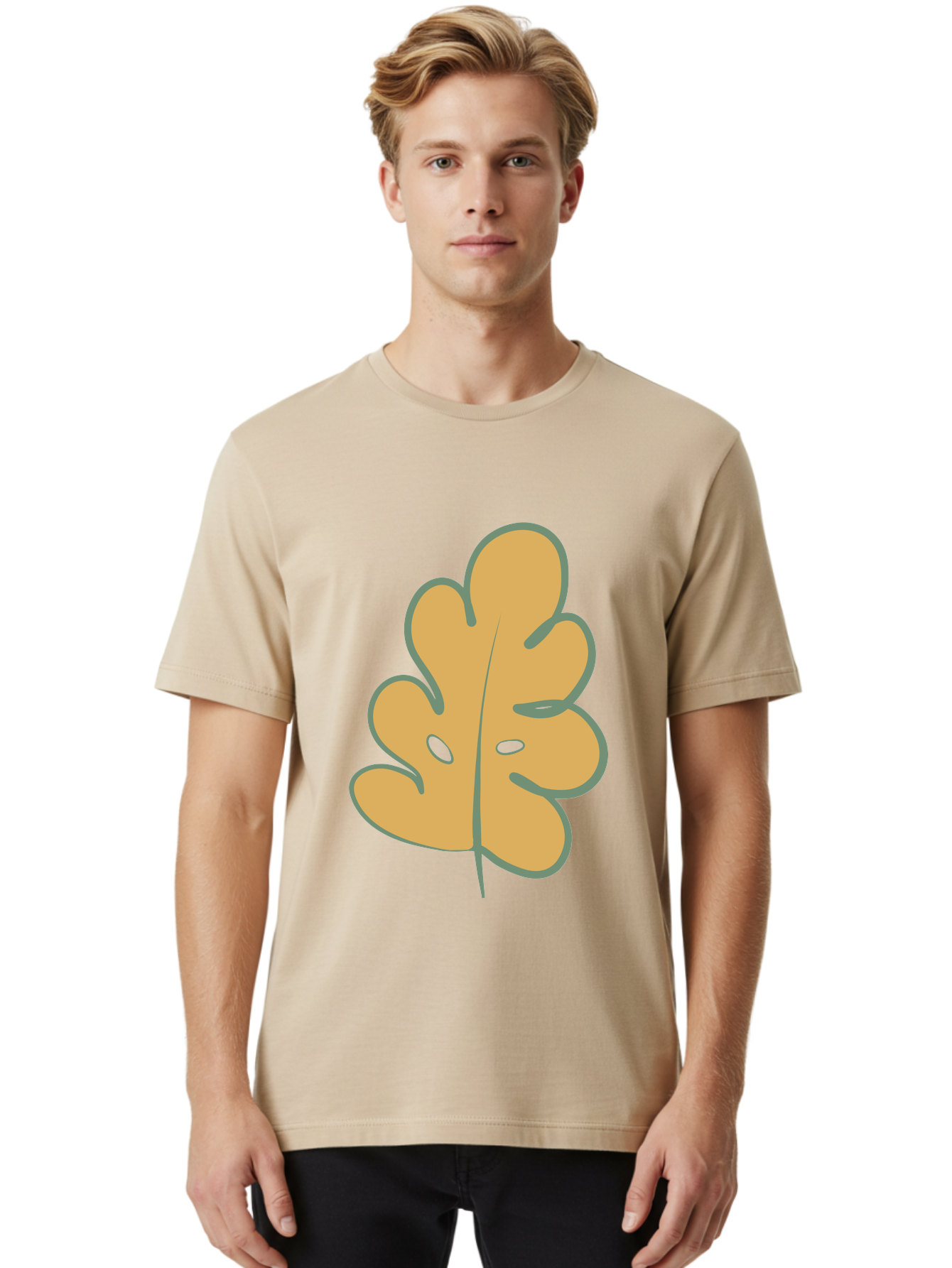 Oak-Leaf Men'S Graphic Tee, 100% Cotton, Comfortable Casual Summer Wear, Machine Washable, Oak Leaf, Cartoon Leaf, Autumn Foliage, Fall Colors, Nature Illustration, Simple Graphic, Leaf Design, Orange Leaf Aae034