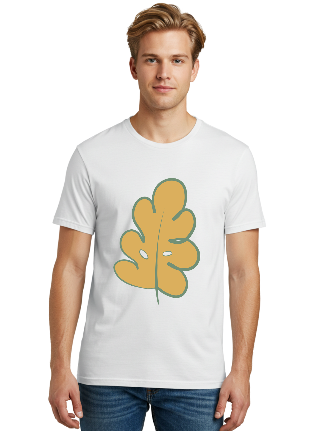 Oak-Leaf Men'S Graphic Tee, 100% Cotton, Comfortable Casual Summer Wear, Machine Washable, Oak Leaf, Cartoon Leaf, Autumn Foliage, Fall Colors, Nature Illustration, Simple Graphic, Leaf Design, Orange Leaf Aae034