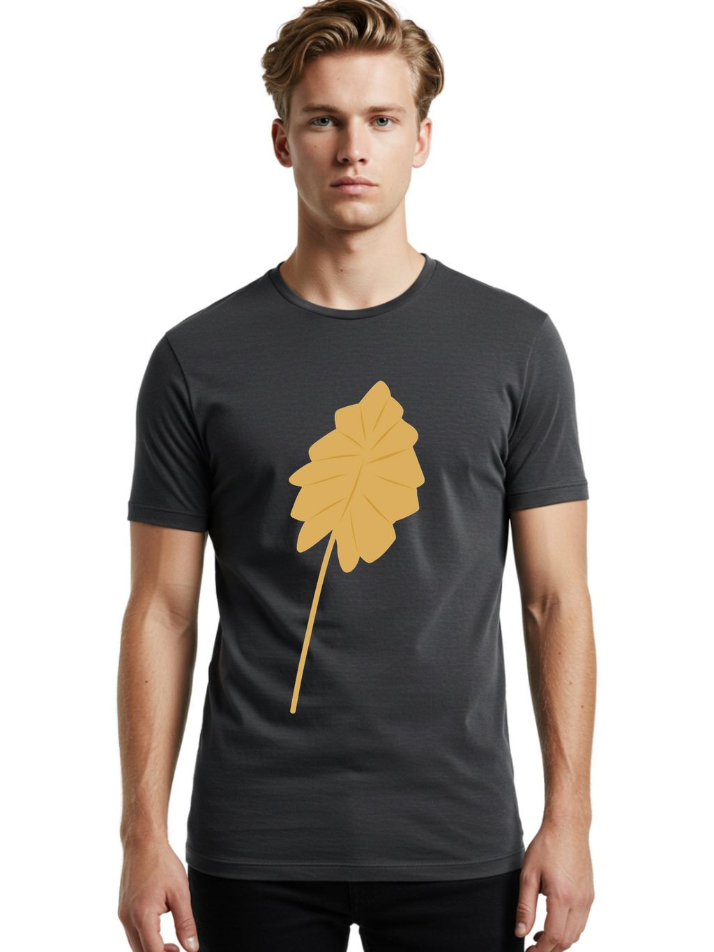 Orange-Leaf Men'S Graphic Tee, 100% Cotton, Comfortable Casual Summer Wear, Machine Washable, Golden Leaf, Simple Design, Autumn Symbol, Nature Icon, Vibrant Yellow, Leaf Illustration, Digital Art Aae036