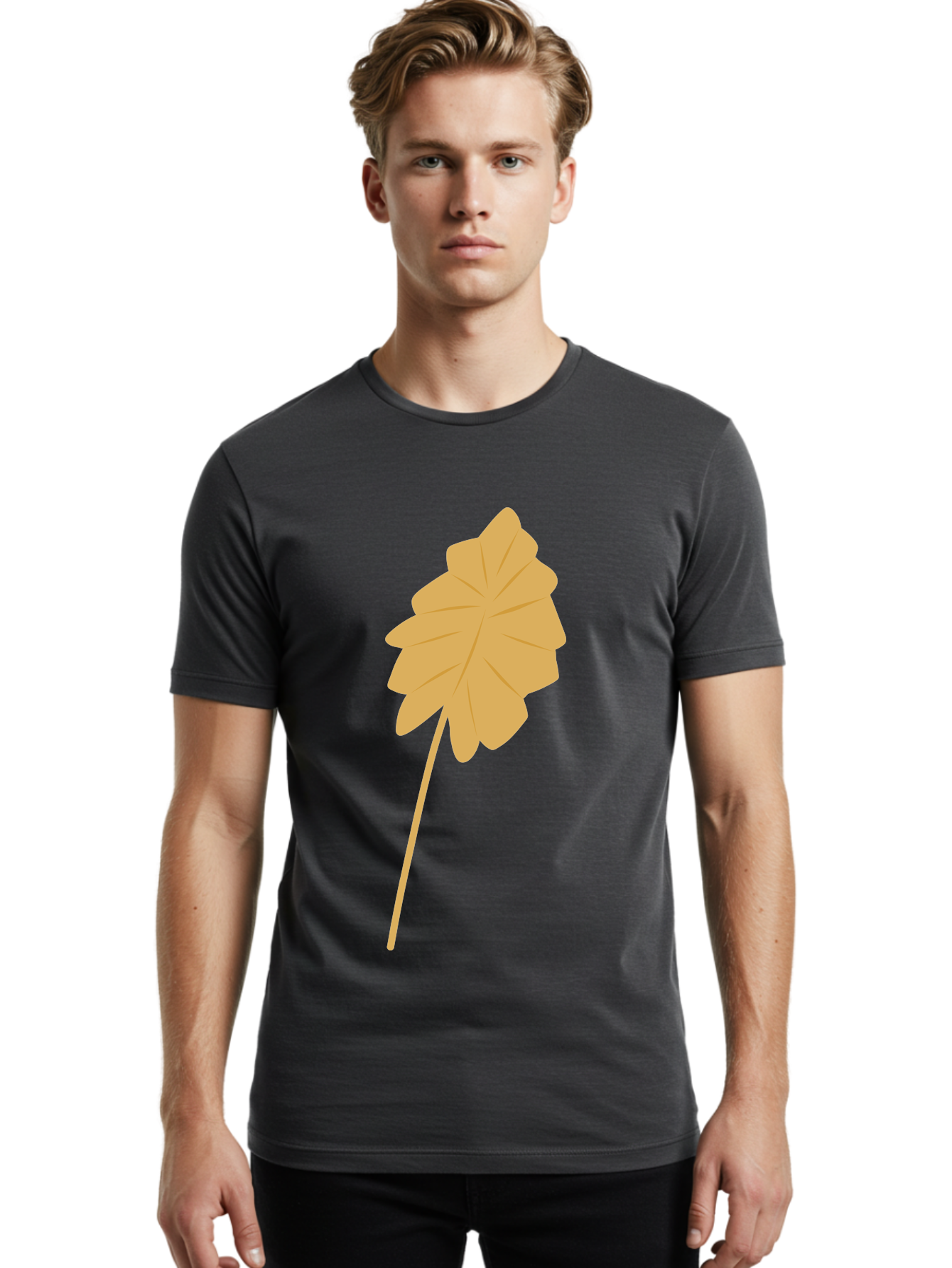 Orange-Leaf Men'S Graphic Tee, 100% Cotton, Comfortable Casual Summer Wear, Machine Washable, Golden Leaf, Simple Design, Autumn Symbol, Nature Icon, Vibrant Yellow, Leaf Illustration, Digital Art Aae036