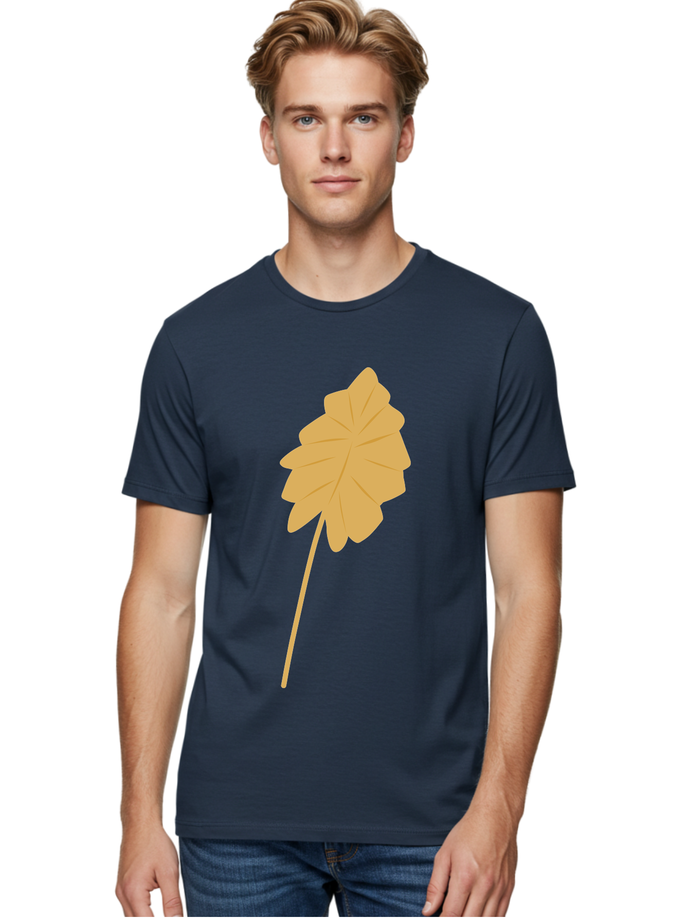 Orange-Leaf Men'S Graphic Tee, 100% Cotton, Comfortable Casual Summer Wear, Machine Washable, Golden Leaf, Simple Design, Autumn Symbol, Nature Icon, Vibrant Yellow, Leaf Illustration, Digital Art Aae036