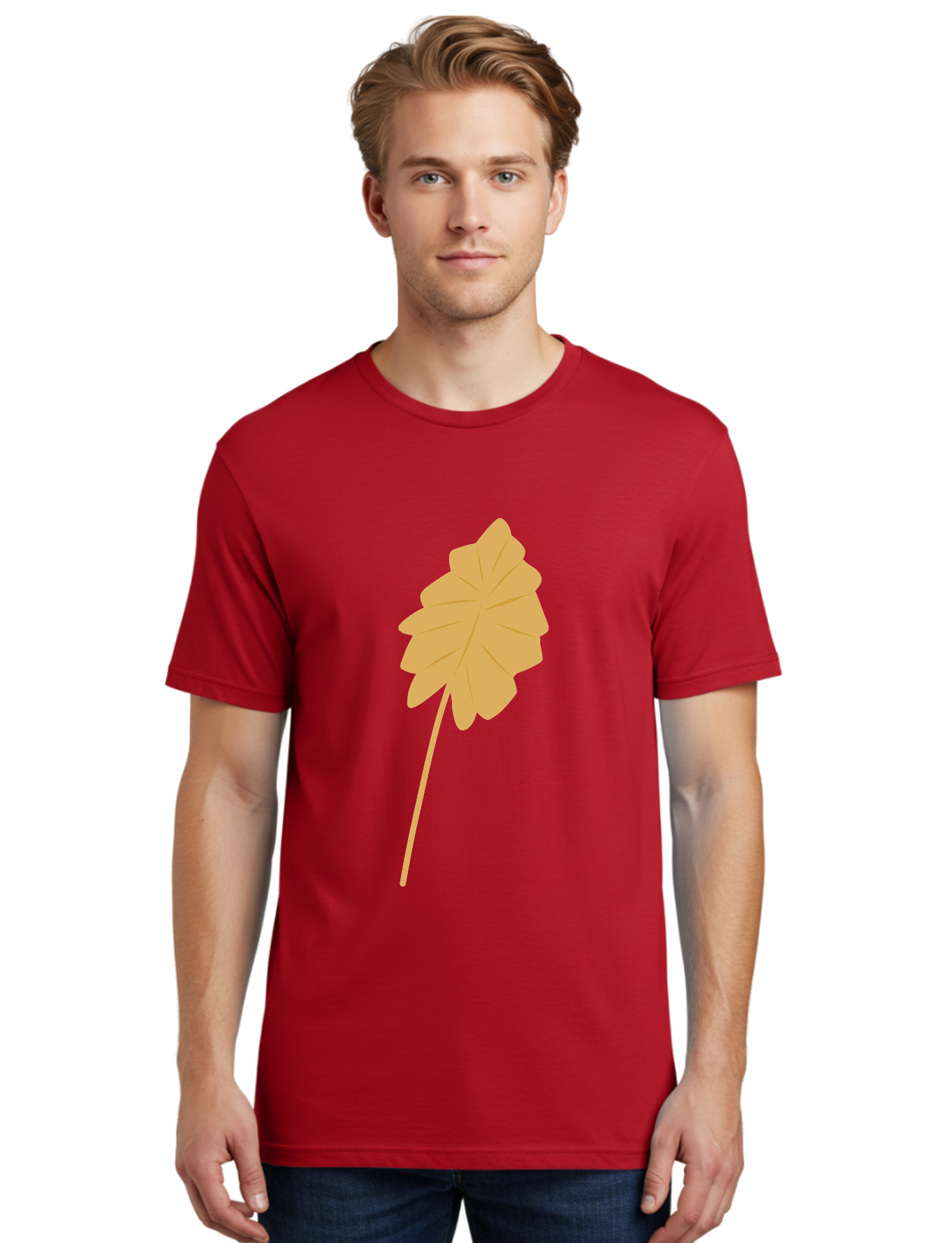 Orange-Leaf Men'S Graphic Tee, 100% Cotton, Comfortable Casual Summer Wear, Machine Washable, Golden Leaf, Simple Design, Autumn Symbol, Nature Icon, Vibrant Yellow, Leaf Illustration, Digital Art Aae036