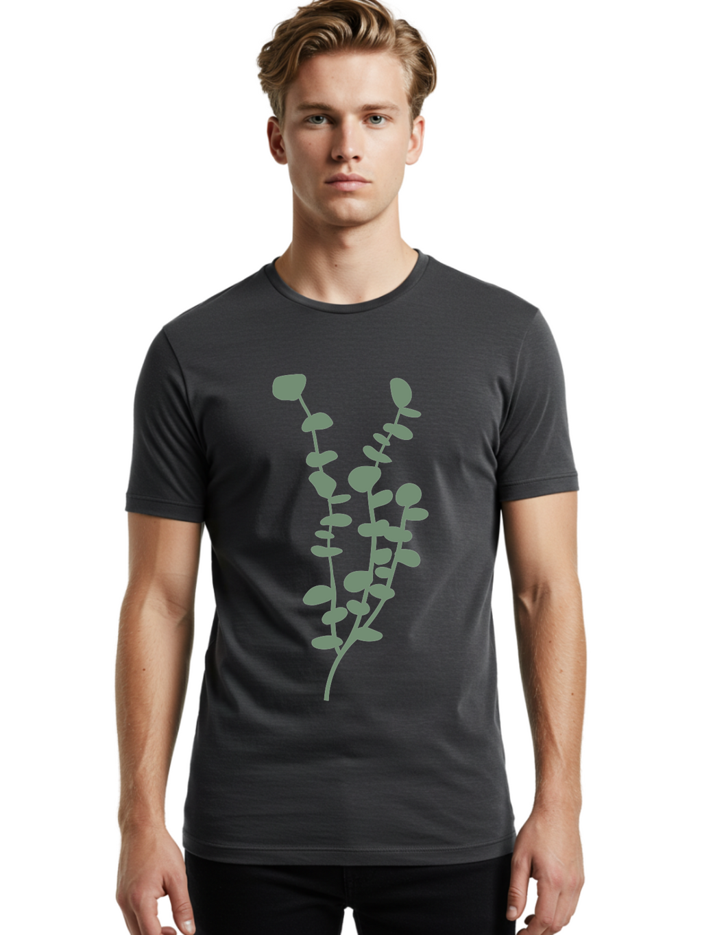 Plant Men'S Graphic Tee, 100% Cotton, Comfortable Casual Summer Wear, Machine Washable, Purple Flowering Branch, Gray Floral Illustration, Delicate Stems, Soft Petals, Botanical Art, Simple Design, Minimalist Graphics Aae043