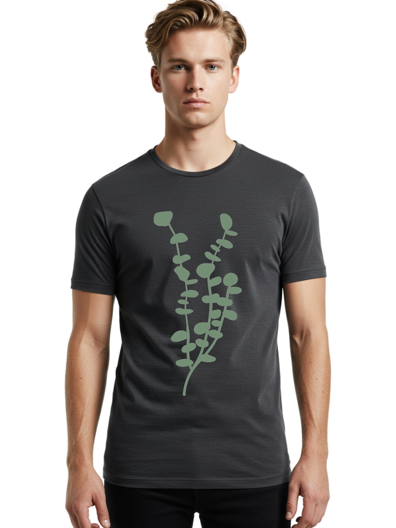 Plant Men'S Graphic Tee, 100% Cotton, Comfortable Casual Summer Wear, Machine Washable, Purple Flowering Branch, Gray Floral Illustration, Delicate Stems, Soft Petals, Botanical Art, Simple Design, Minimalist Graphics Aae043