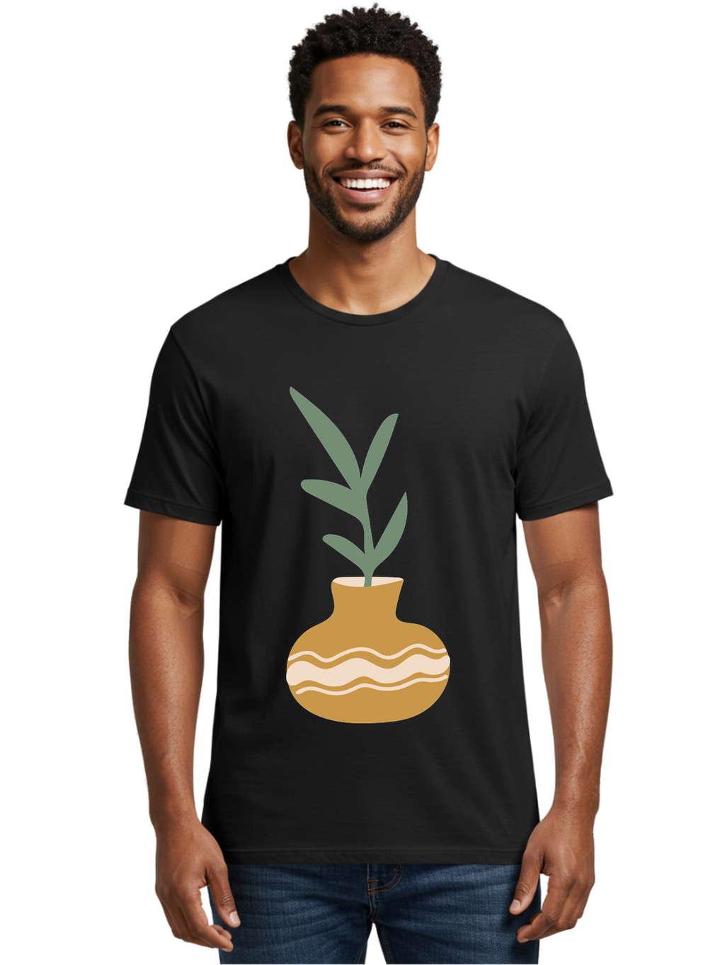 Pot-With-Plant Men'S Graphic Tee, 100% Cotton, Comfortable Casual Summer Wear, Machine Washable, Tan Pot, Wavy Lines, White Accents, Leaves, Plant, Ceramic, Earthy Tones, Simple Design, Botanical Illustration Aae045