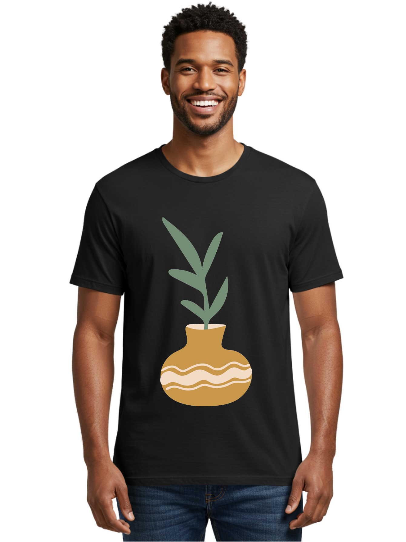Pot-With-Plant Men'S Graphic Tee, 100% Cotton, Comfortable Casual Summer Wear, Machine Washable, Tan Pot, Wavy Lines, White Accents, Leaves, Plant, Ceramic, Earthy Tones, Simple Design, Botanical Illustration Aae045