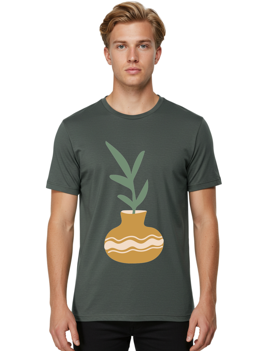 Pot-With-Plant Men'S Graphic Tee, 100% Cotton, Comfortable Casual Summer Wear, Machine Washable, Tan Pot, Wavy Lines, White Accents, Leaves, Plant, Ceramic, Earthy Tones, Simple Design, Botanical Illustration Aae045