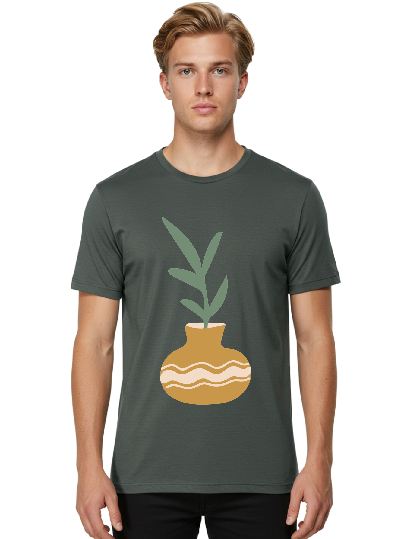 Pot-With-Plant Men'S Graphic Tee, 100% Cotton, Comfortable Casual Summer Wear, Machine Washable, Tan Pot, Wavy Lines, White Accents, Leaves, Plant, Ceramic, Earthy Tones, Simple Design, Botanical Illustration Aae045