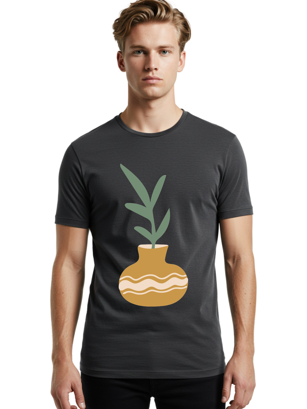 Pot-With-Plant Men'S Graphic Tee, 100% Cotton, Comfortable Casual Summer Wear, Machine Washable, Tan Pot, Wavy Lines, White Accents, Leaves, Plant, Ceramic, Earthy Tones, Simple Design, Botanical Illustration Aae045