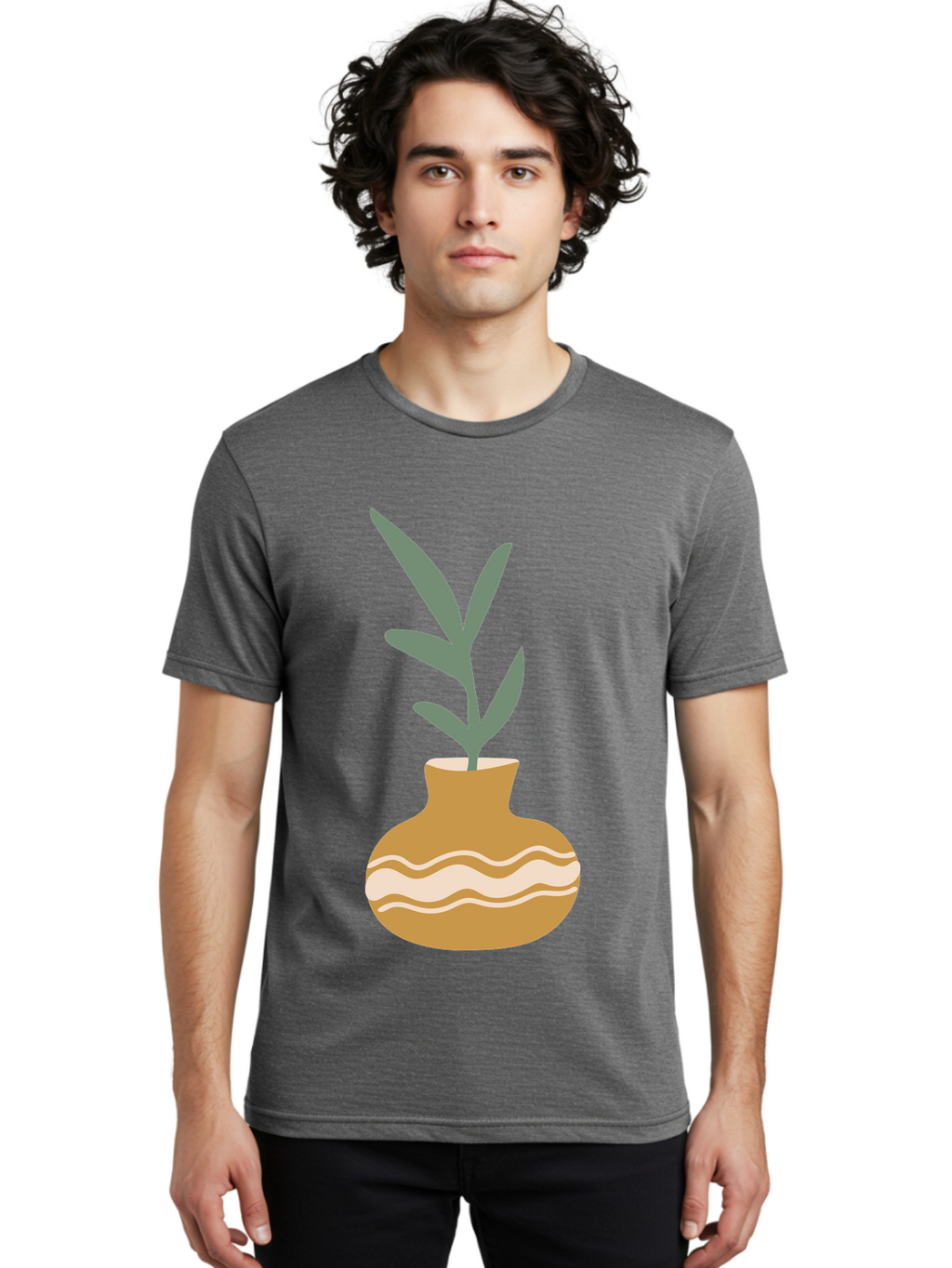 Pot-With-Plant Men'S Graphic Tee, 100% Cotton, Comfortable Casual Summer Wear, Machine Washable, Tan Pot, Wavy Lines, White Accents, Leaves, Plant, Ceramic, Earthy Tones, Simple Design, Botanical Illustration Aae045