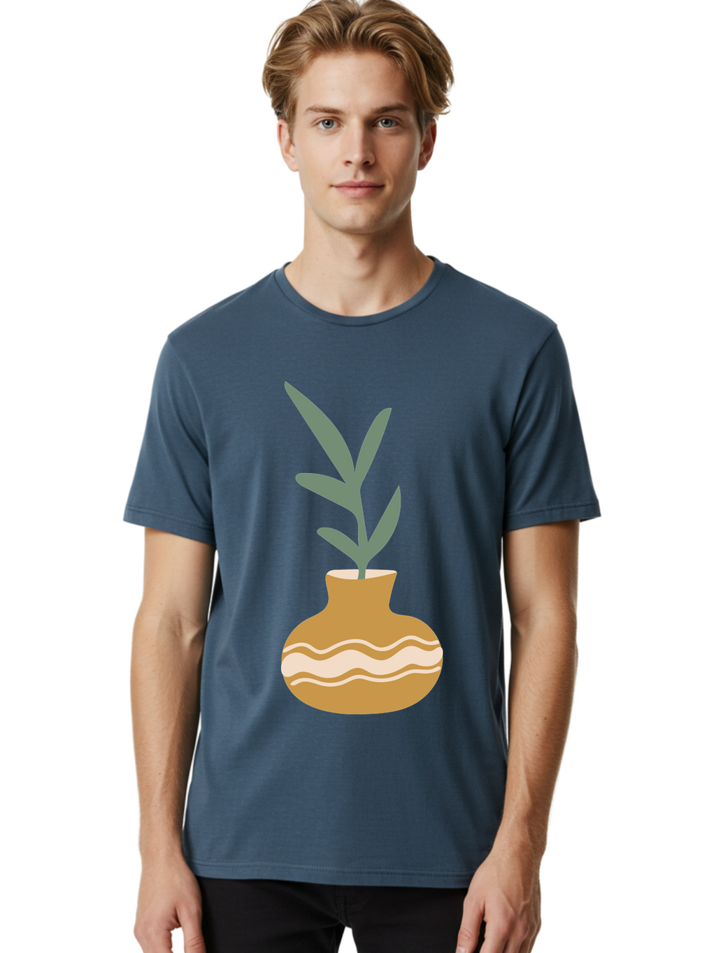Pot-With-Plant Men'S Graphic Tee, 100% Cotton, Comfortable Casual Summer Wear, Machine Washable, Tan Pot, Wavy Lines, White Accents, Leaves, Plant, Ceramic, Earthy Tones, Simple Design, Botanical Illustration Aae045