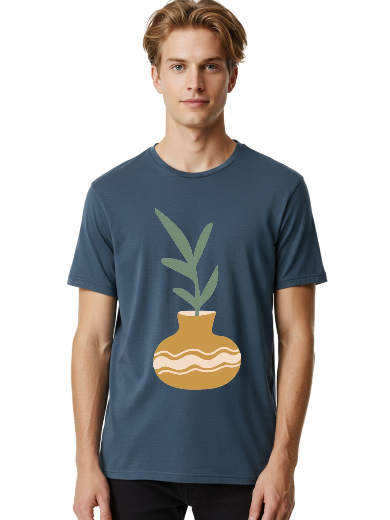Pot-With-Plant Men'S Graphic Tee, 100% Cotton, Comfortable Casual Summer Wear, Machine Washable, Tan Pot, Wavy Lines, White Accents, Leaves, Plant, Ceramic, Earthy Tones, Simple Design, Botanical Illustration Aae045