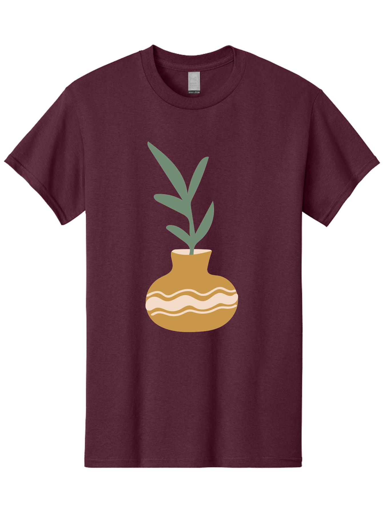 Pot-With-Plant Men'S Graphic Tee, 100% Cotton, Comfortable Casual Summer Wear, Machine Washable, Tan Pot, Wavy Lines, White Accents, Leaves, Plant, Ceramic, Earthy Tones, Simple Design, Botanical Illustration Aae045