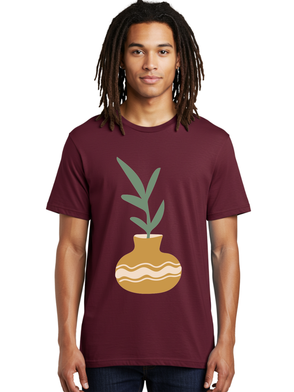 Pot-With-Plant Men'S Graphic Tee, 100% Cotton, Comfortable Casual Summer Wear, Machine Washable, Tan Pot, Wavy Lines, White Accents, Leaves, Plant, Ceramic, Earthy Tones, Simple Design, Botanical Illustration Aae045